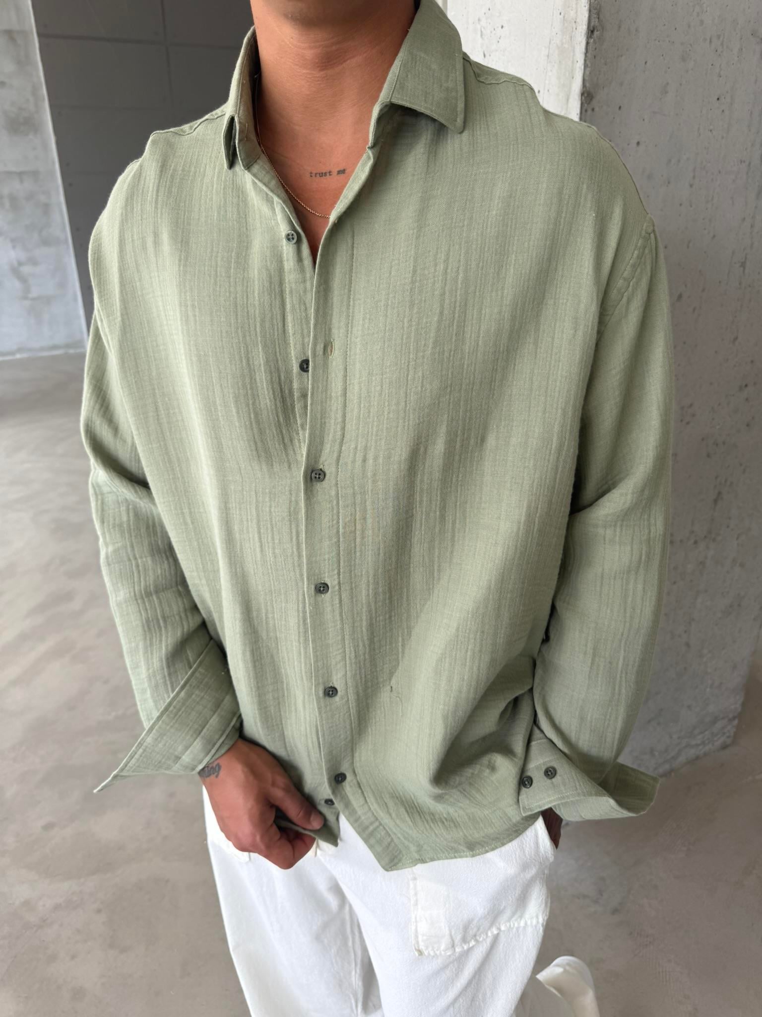 Erkek Oversize Fit Uzun Kollu Müslin Gömlek - Haki