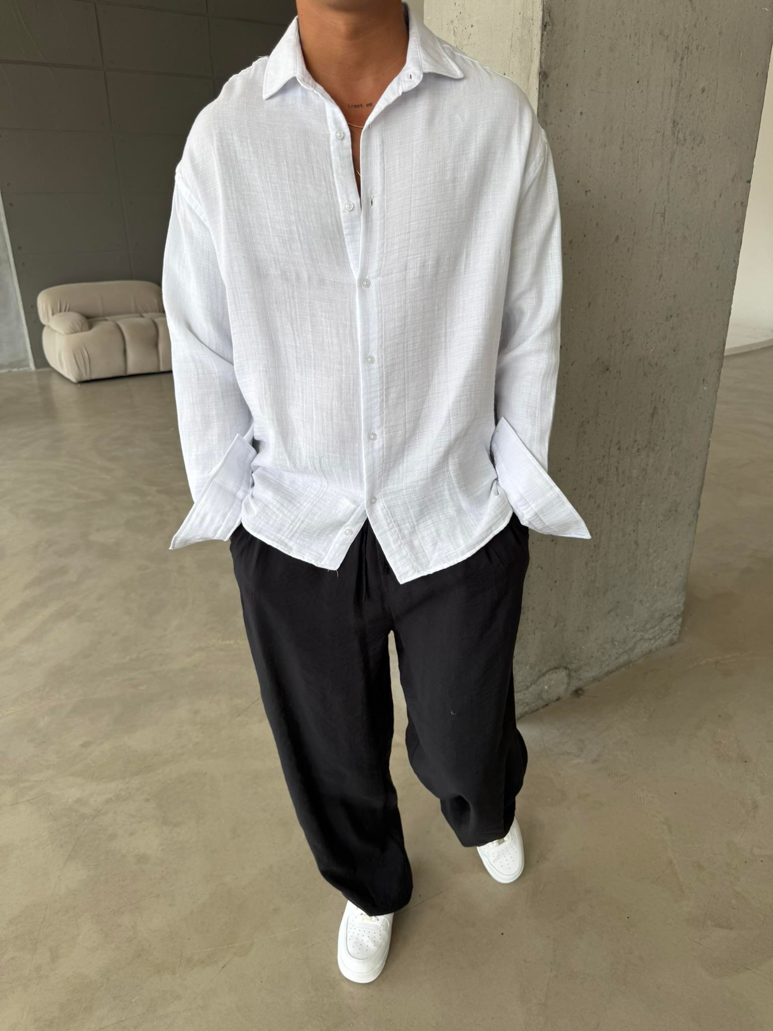 Erkek Oversize Fit Uzun Kollu Müslin Gömlek - Beyaz