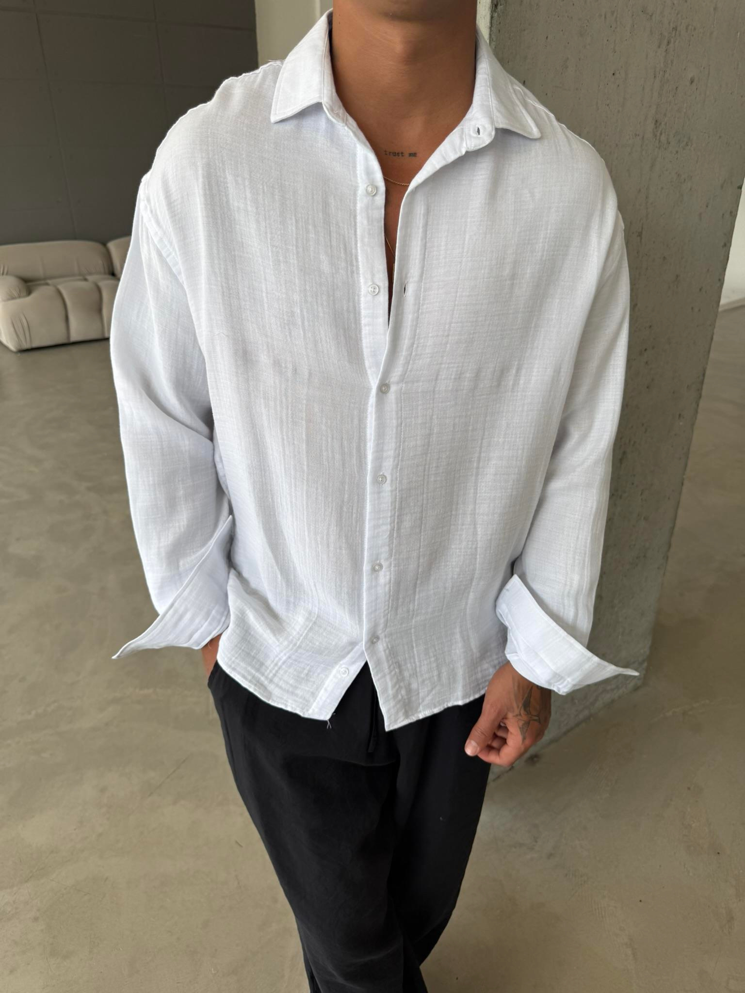 Erkek Oversize Fit Uzun Kollu Müslin Gömlek - Beyaz
