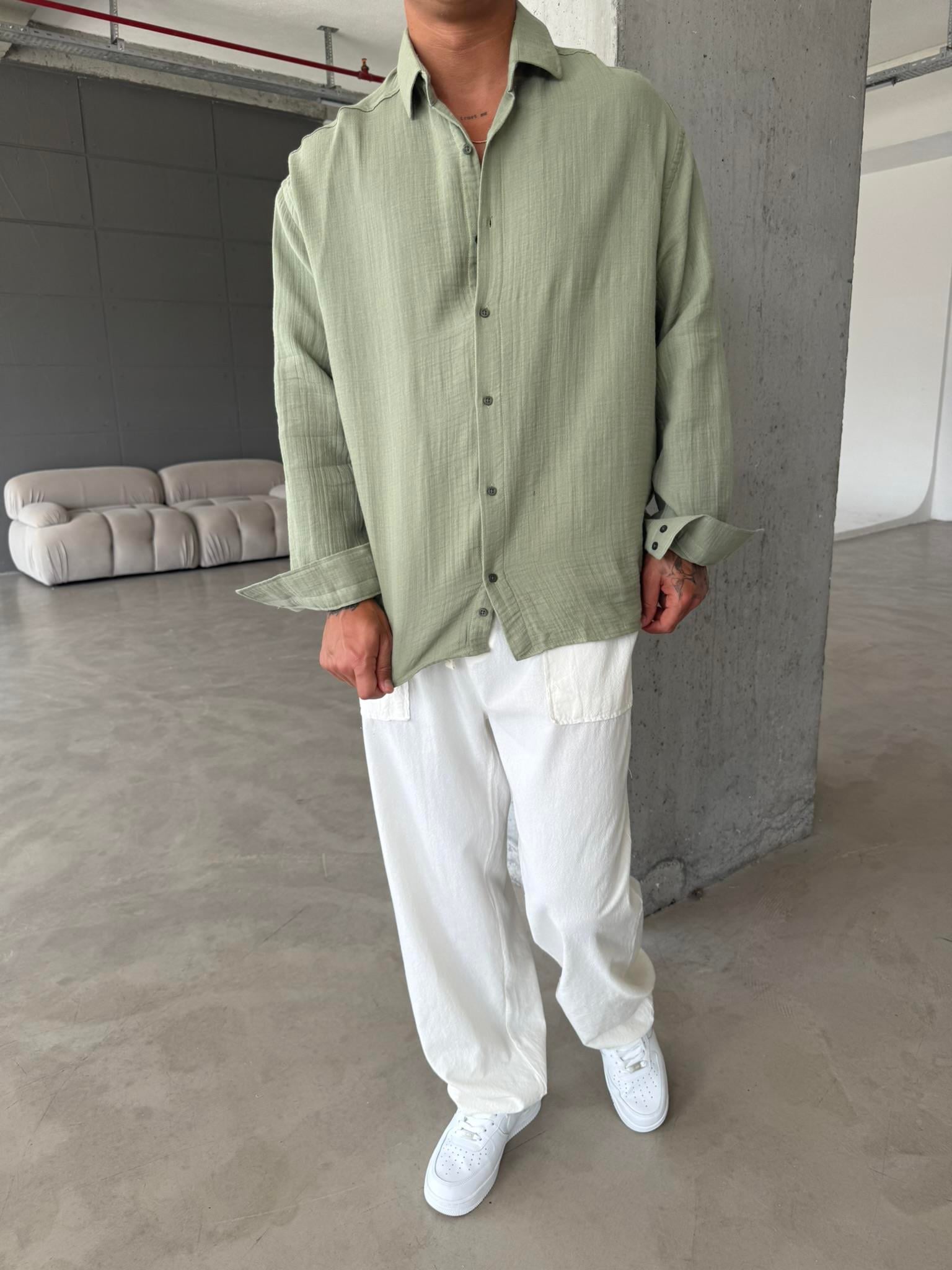 Erkek Oversize Fit Uzun Kollu Müslin Gömlek - Haki