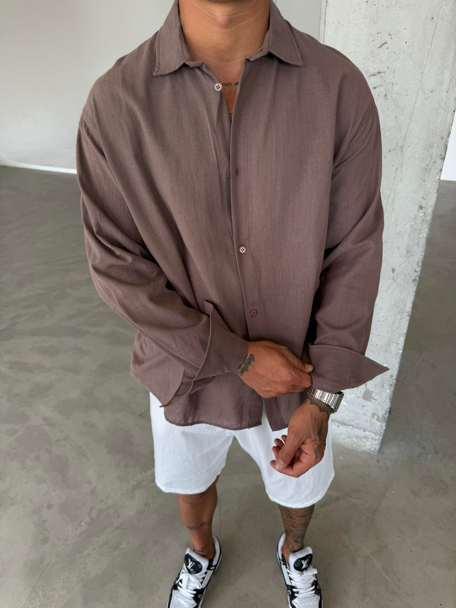 Erkek Oversize Fit Uzun Kollu Müslin Gömlek - Kahve