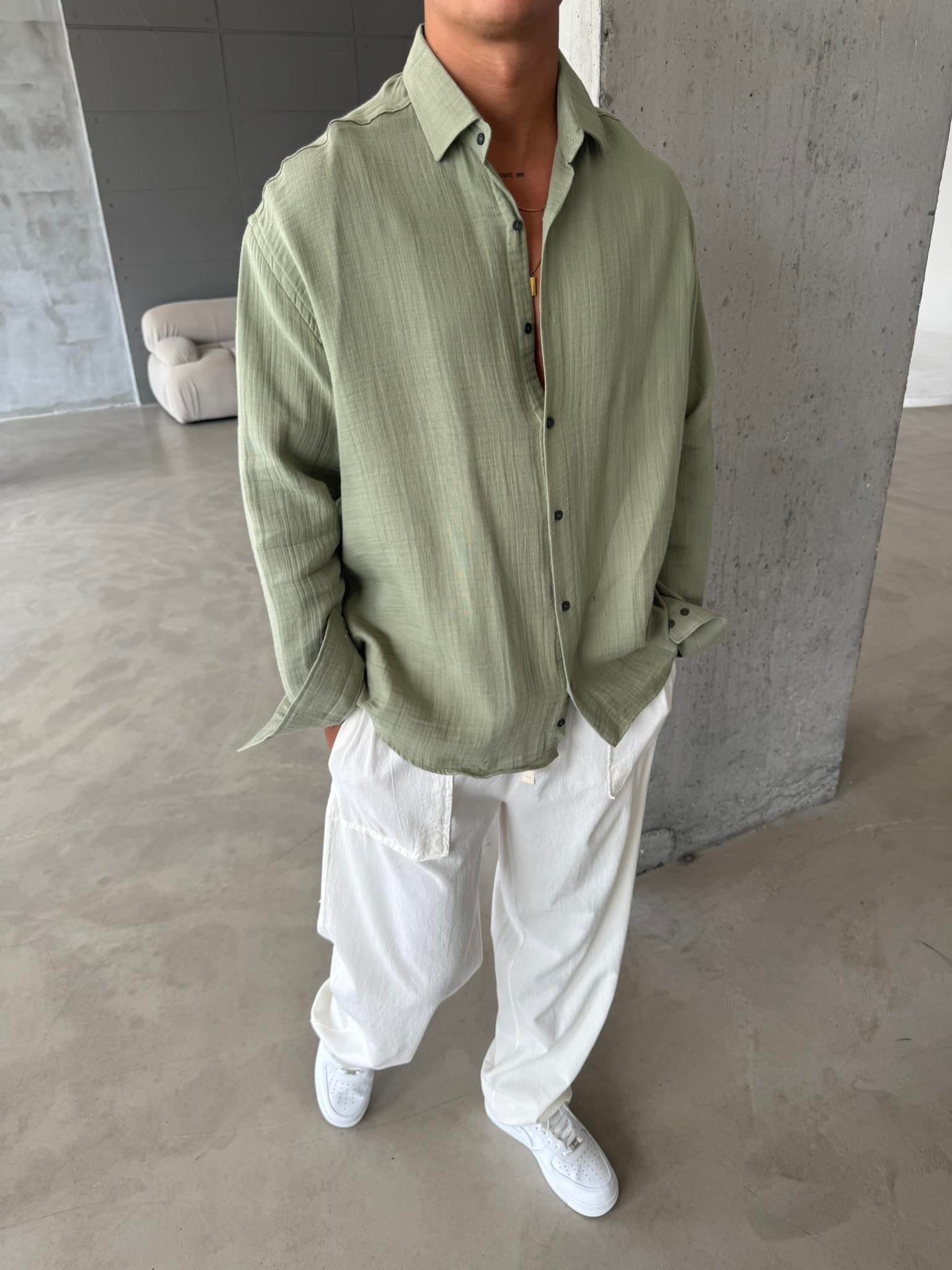 Erkek Oversize Fit Uzun Kollu Müslin Gömlek - Haki
