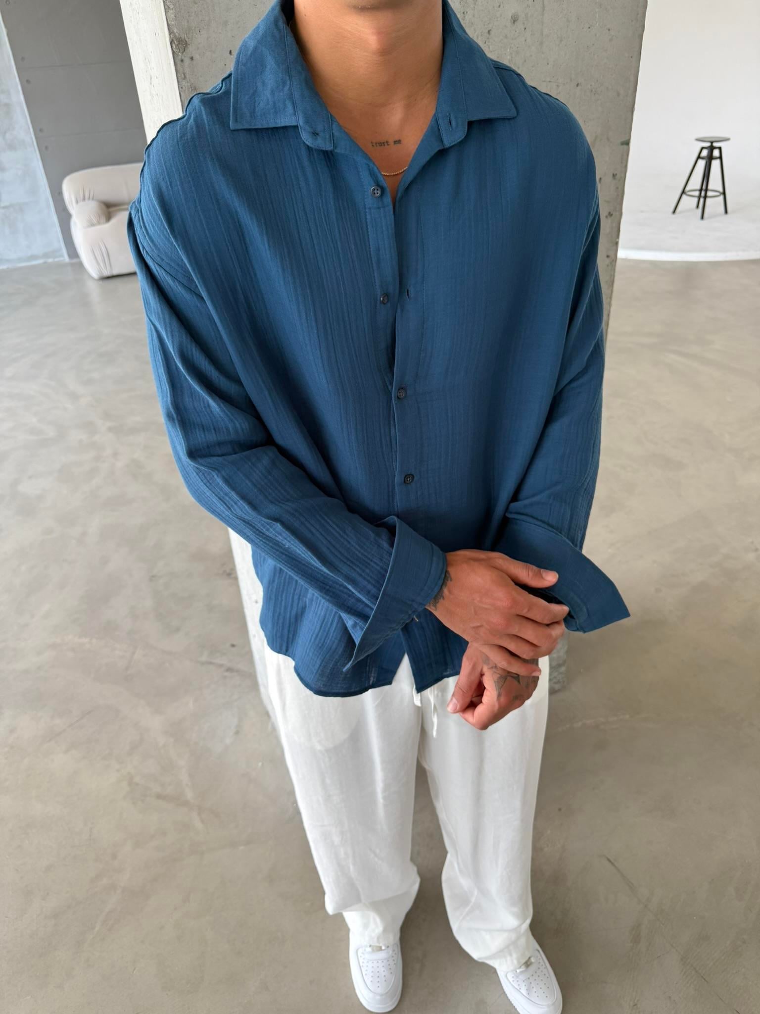 Erkek Oversize Fit Uzun Kollu Müslin Gömlek - Petrol