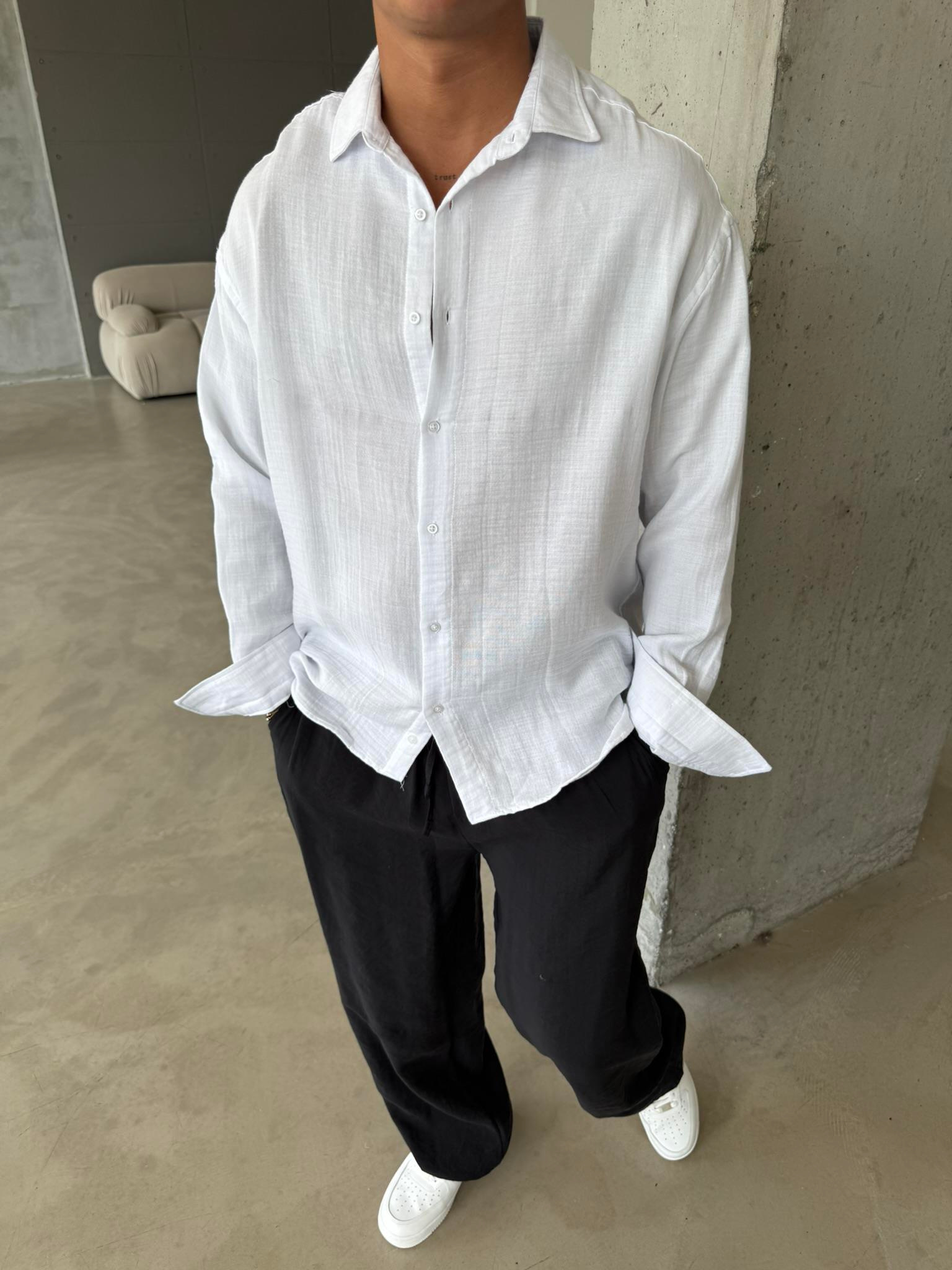 Erkek Oversize Fit Uzun Kollu Müslin Gömlek - Beyaz