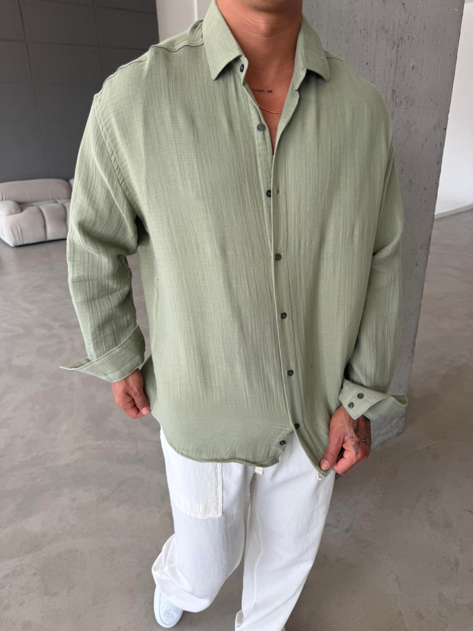 Erkek Oversize Fit Uzun Kollu Müslin Gömlek - Haki