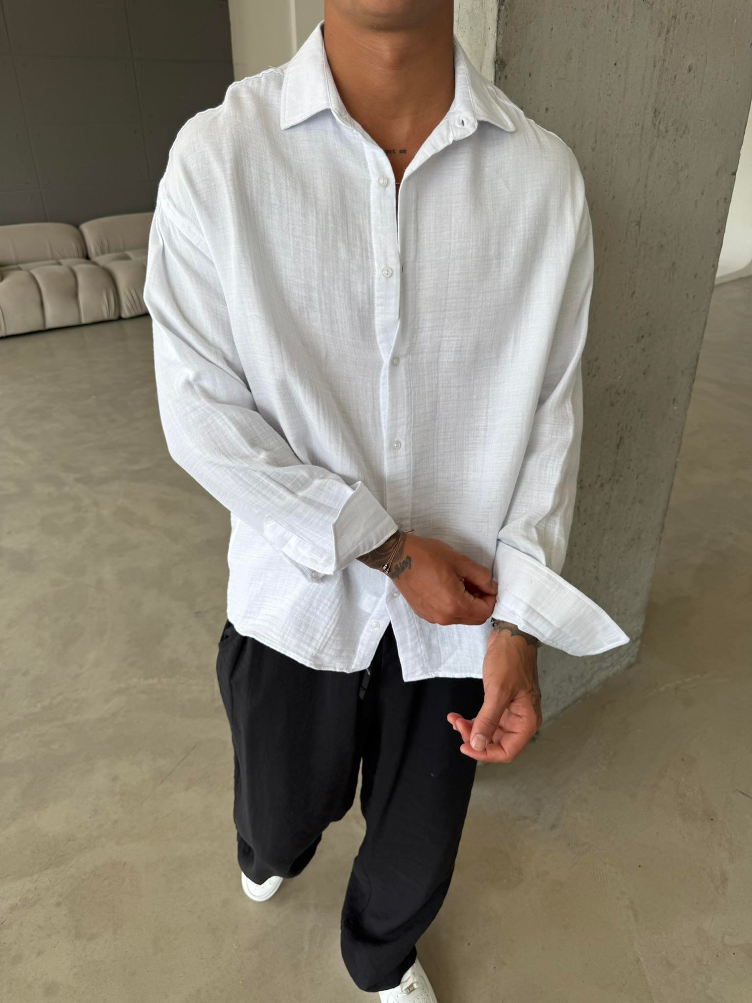 Erkek Oversize Fit Uzun Kollu Müslin Gömlek - Beyaz