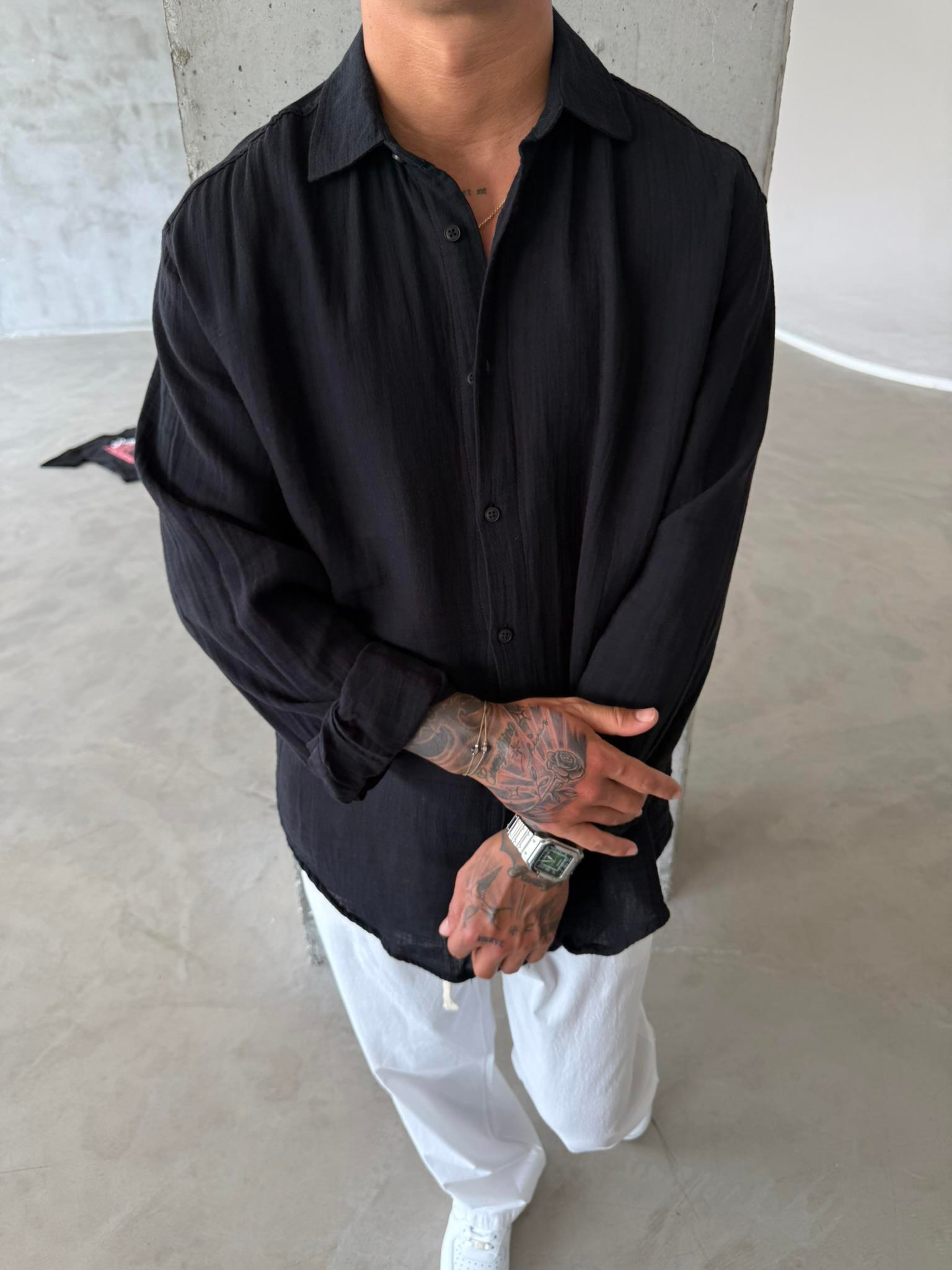 Erkek Oversize Fit Uzun Kollu Müslin Gömlek - Siyah
