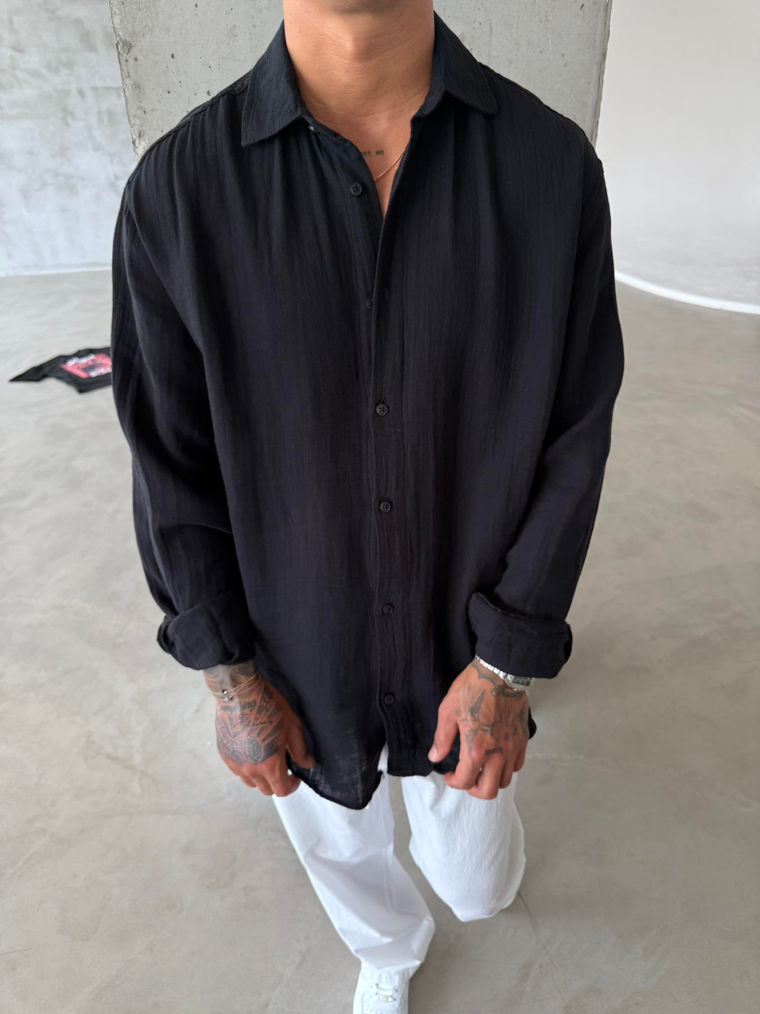 Erkek Oversize Fit Uzun Kollu Müslin Gömlek - Siyah