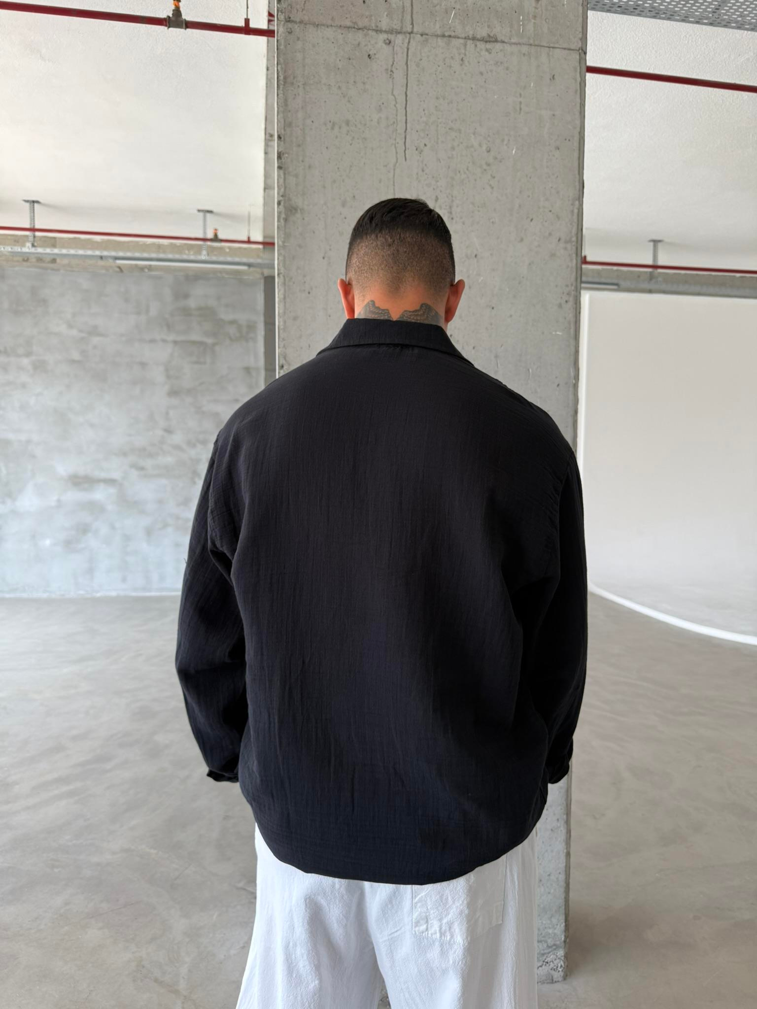 Erkek Oversize Fit Uzun Kollu Müslin Gömlek - Siyah