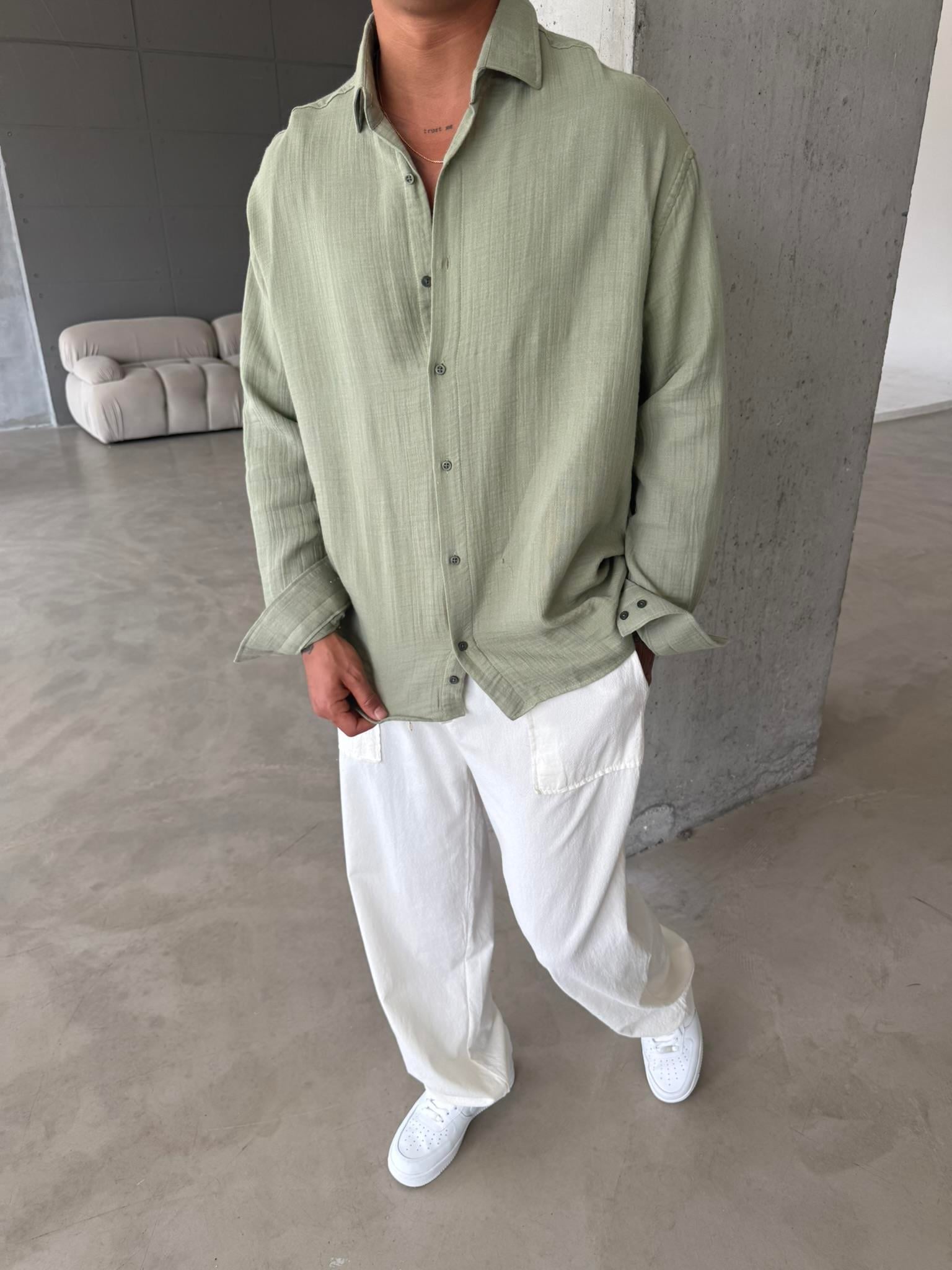 Erkek Oversize Fit Uzun Kollu Müslin Gömlek - Haki
