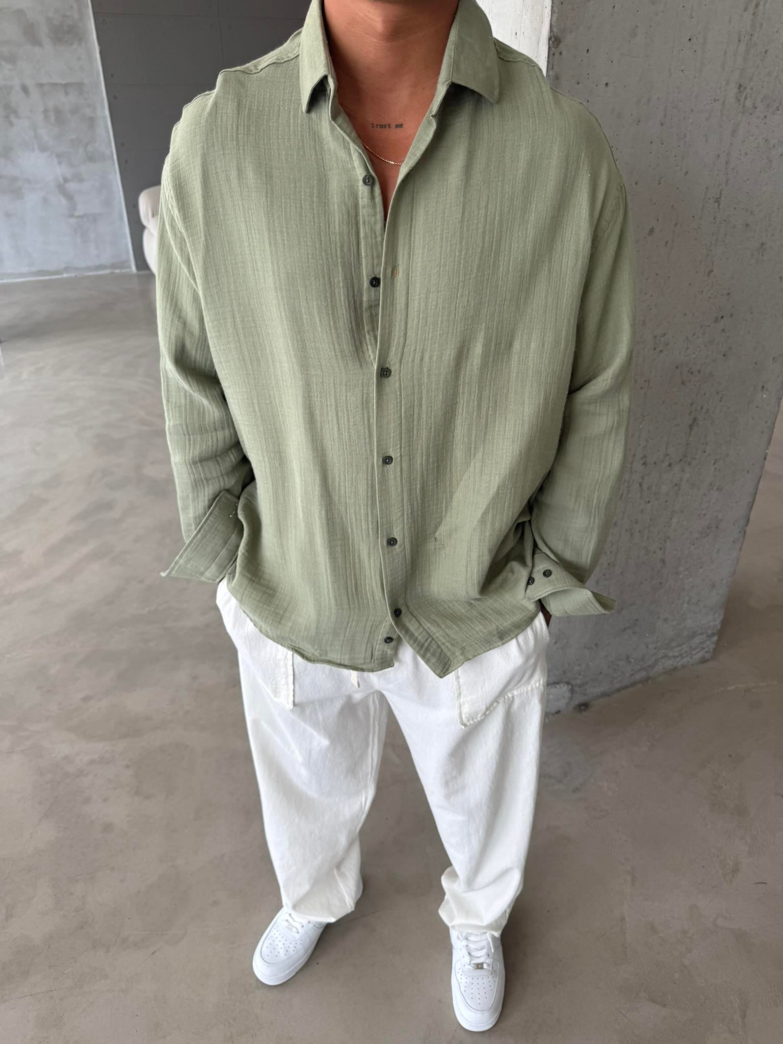 Erkek Oversize Fit Uzun Kollu Müslin Gömlek - Haki