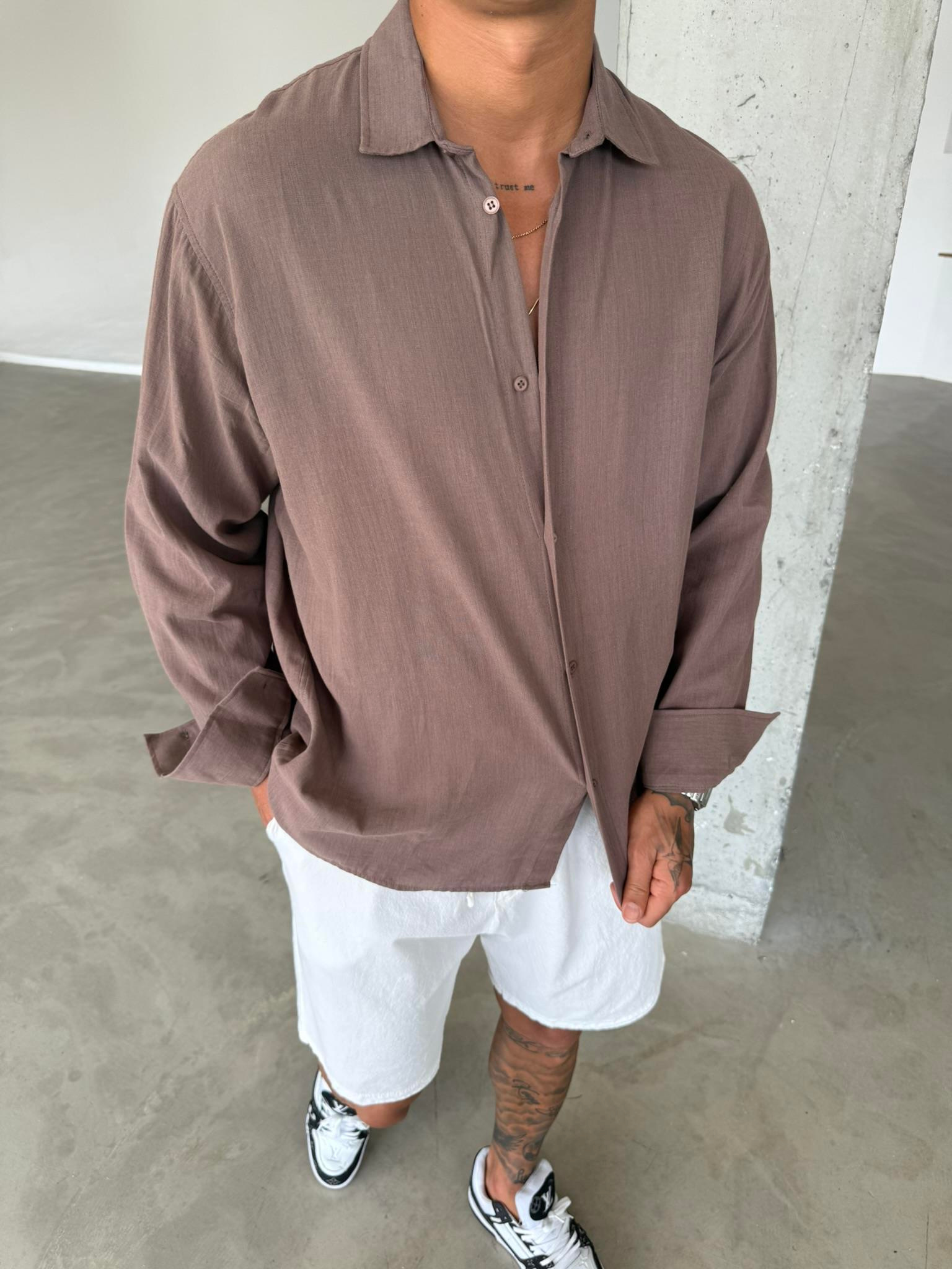 Erkek Oversize Fit Uzun Kollu Müslin Gömlek - Kahve