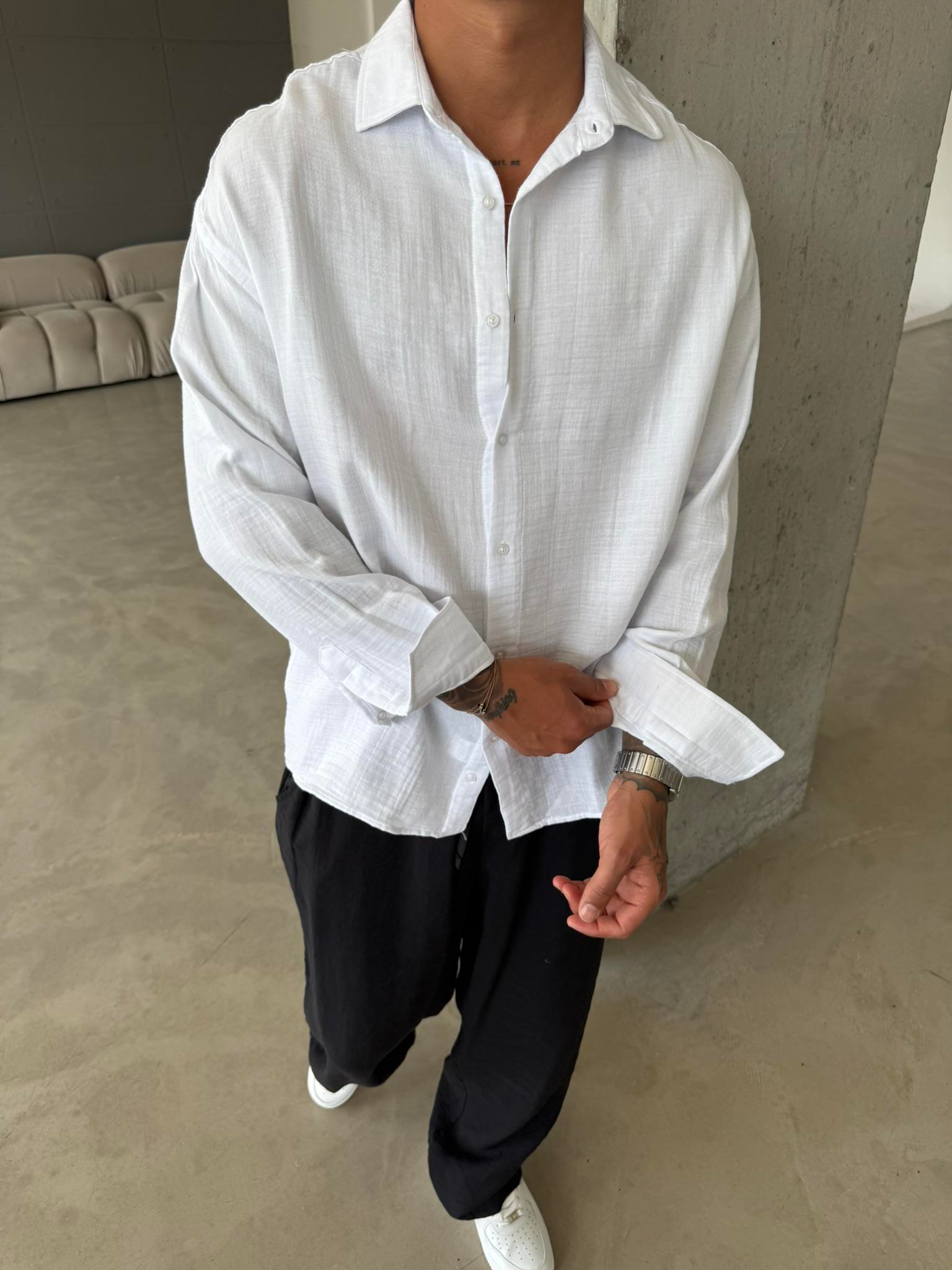 Erkek Oversize Fit Uzun Kollu Müslin Gömlek - Beyaz
