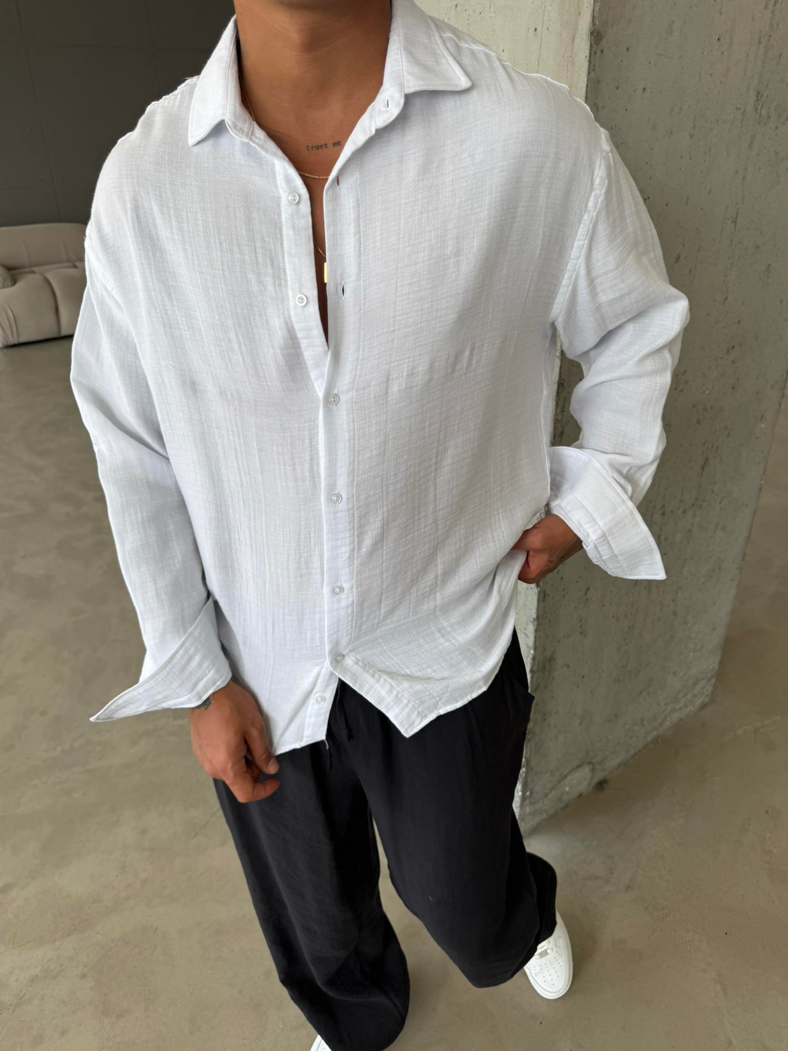 Erkek Oversize Fit Uzun Kollu Müslin Gömlek - Beyaz