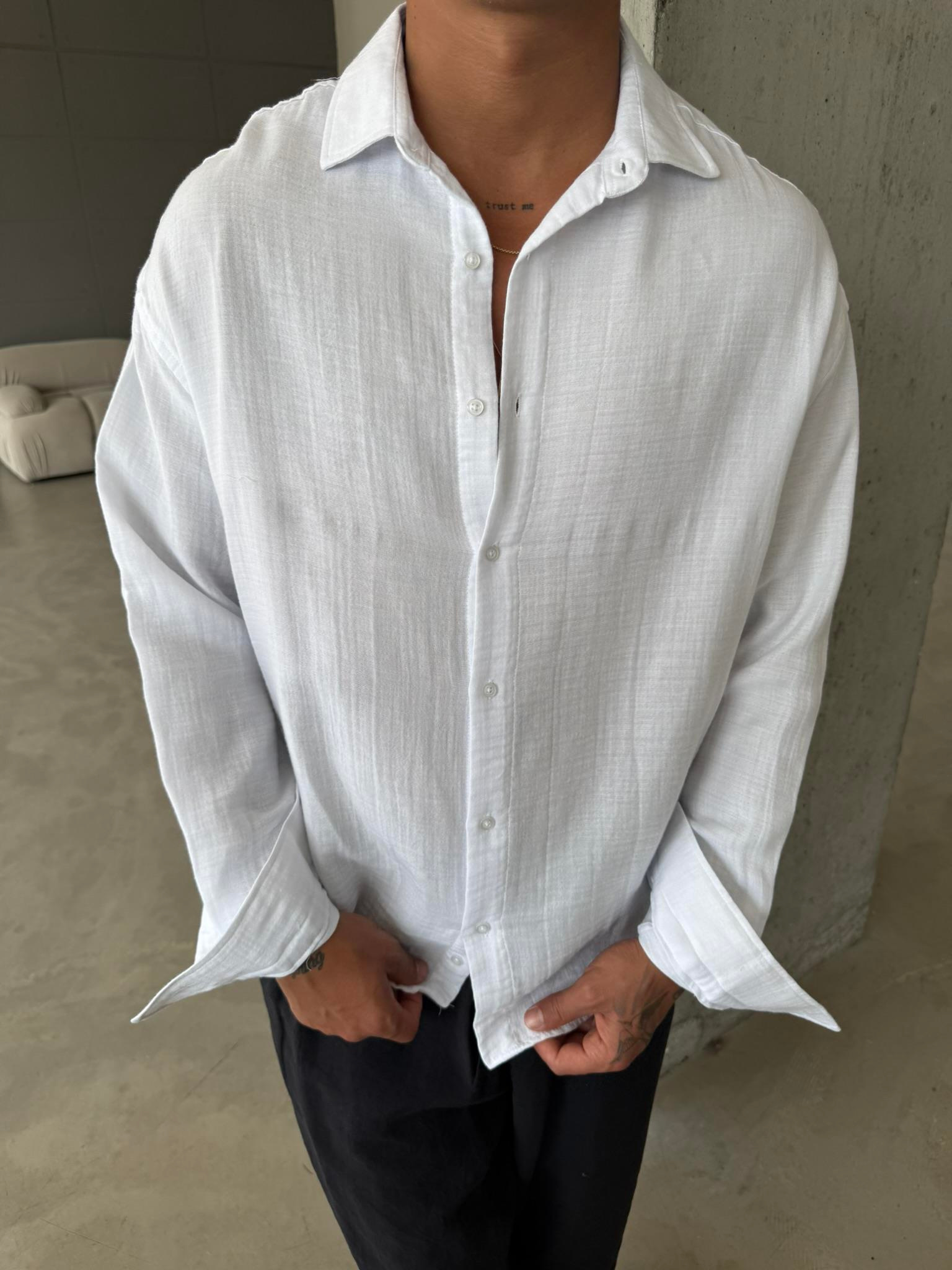 Erkek Oversize Fit Uzun Kollu Müslin Gömlek - Beyaz