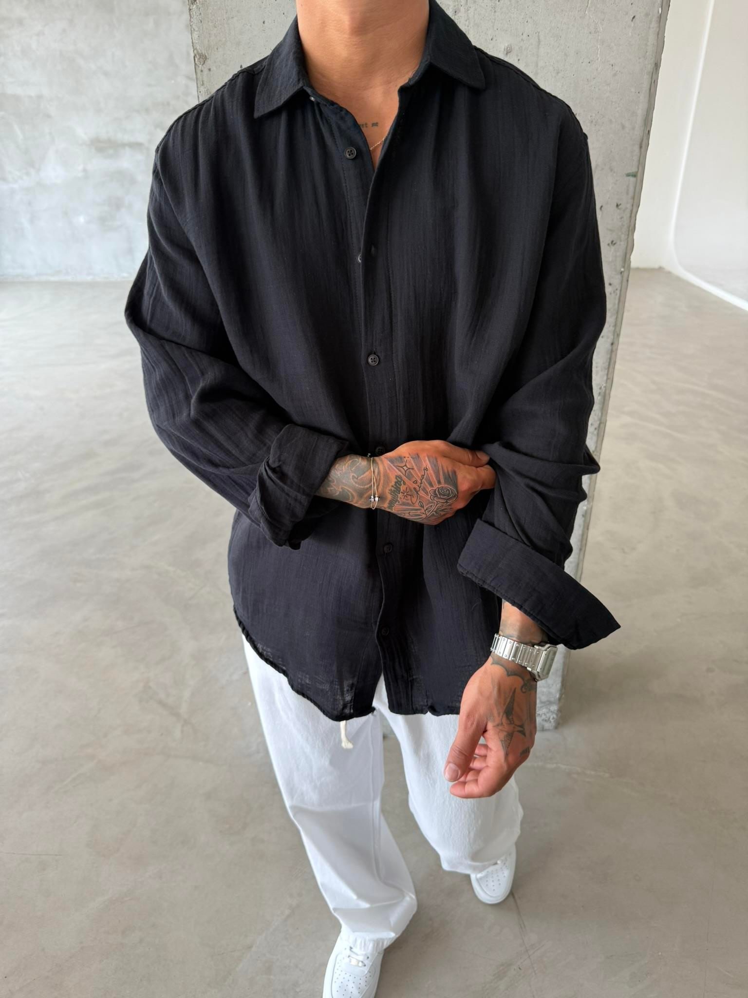 Erkek Oversize Fit Uzun Kollu Müslin Gömlek - Siyah