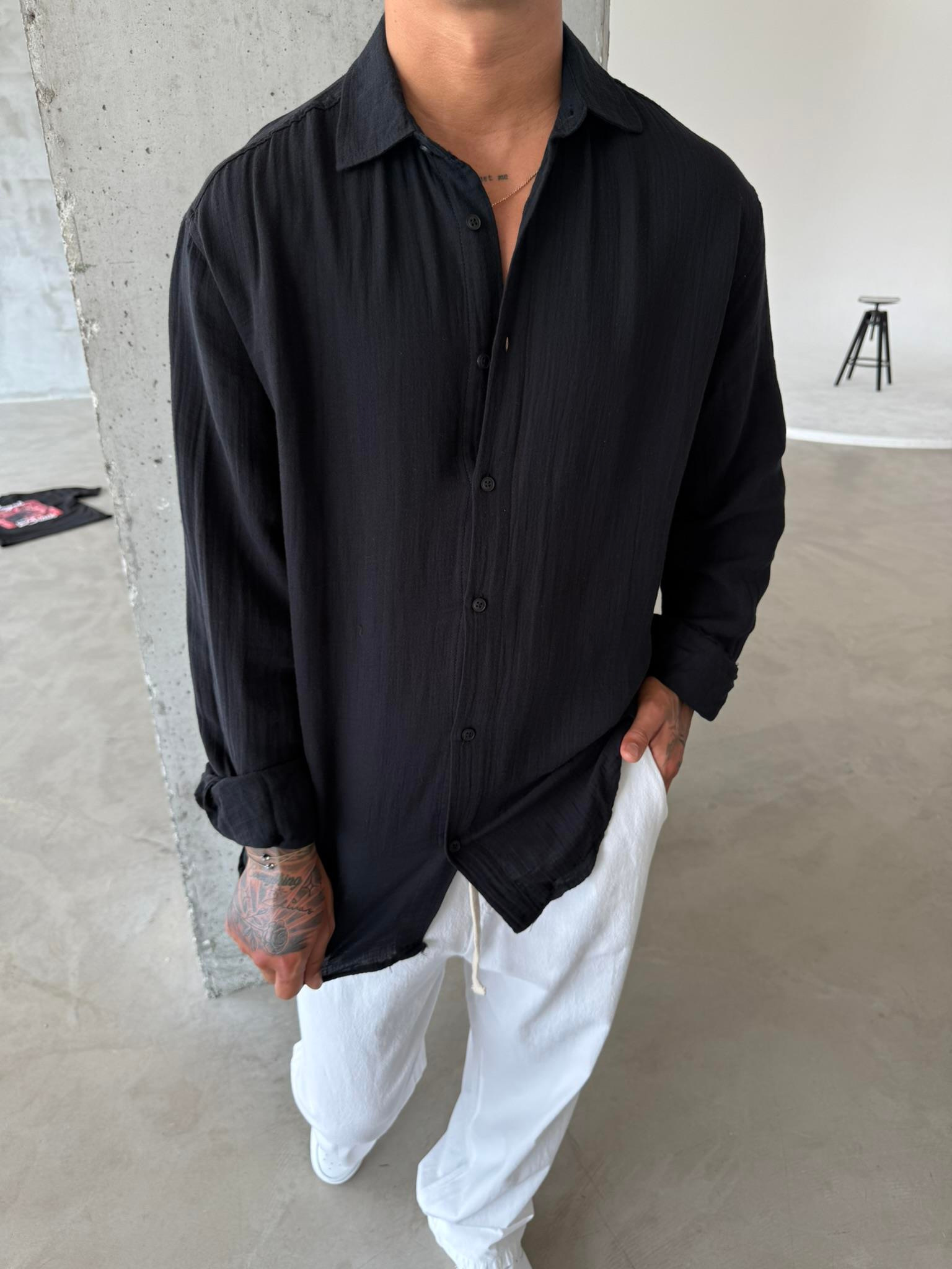 Erkek Oversize Fit Uzun Kollu Müslin Gömlek - Siyah