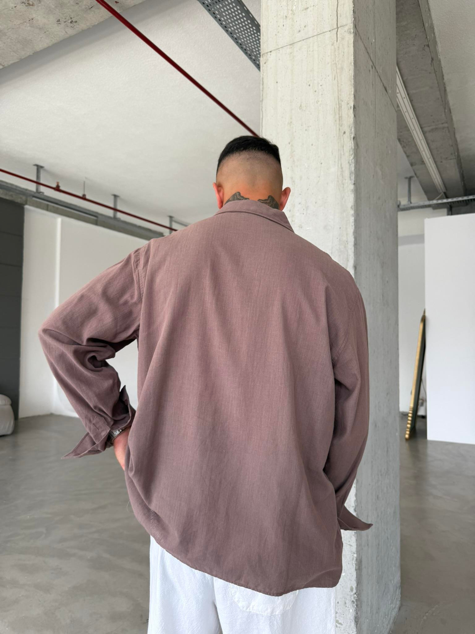 Erkek Oversize Fit Uzun Kollu Müslin Gömlek - Kahve
