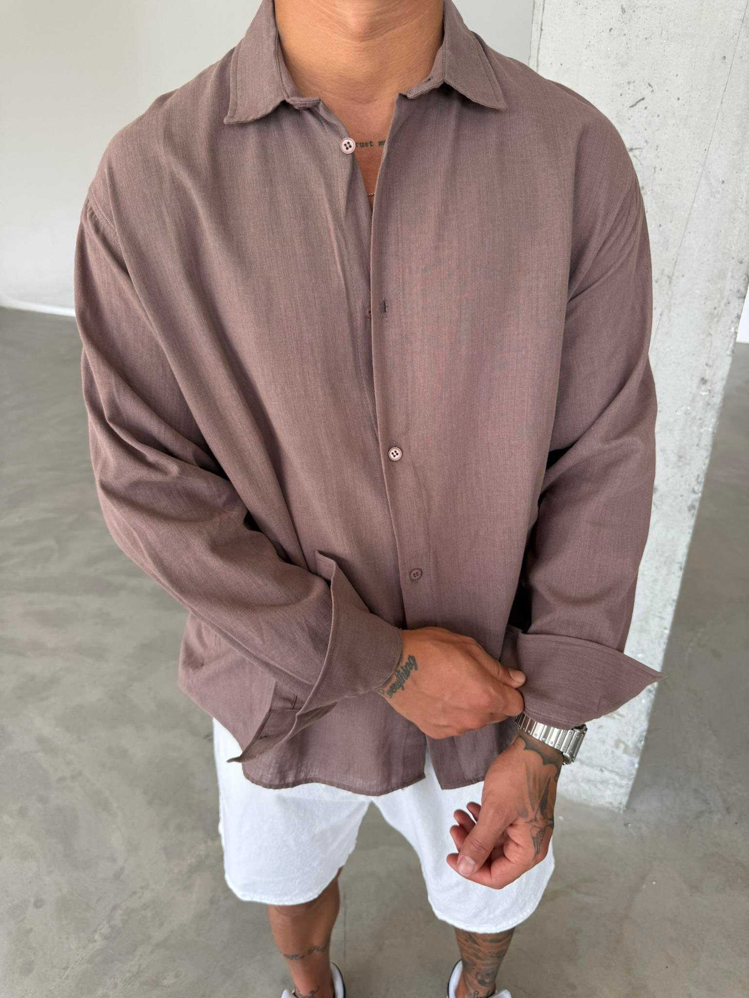 Erkek Oversize Fit Uzun Kollu Müslin Gömlek - Kahve