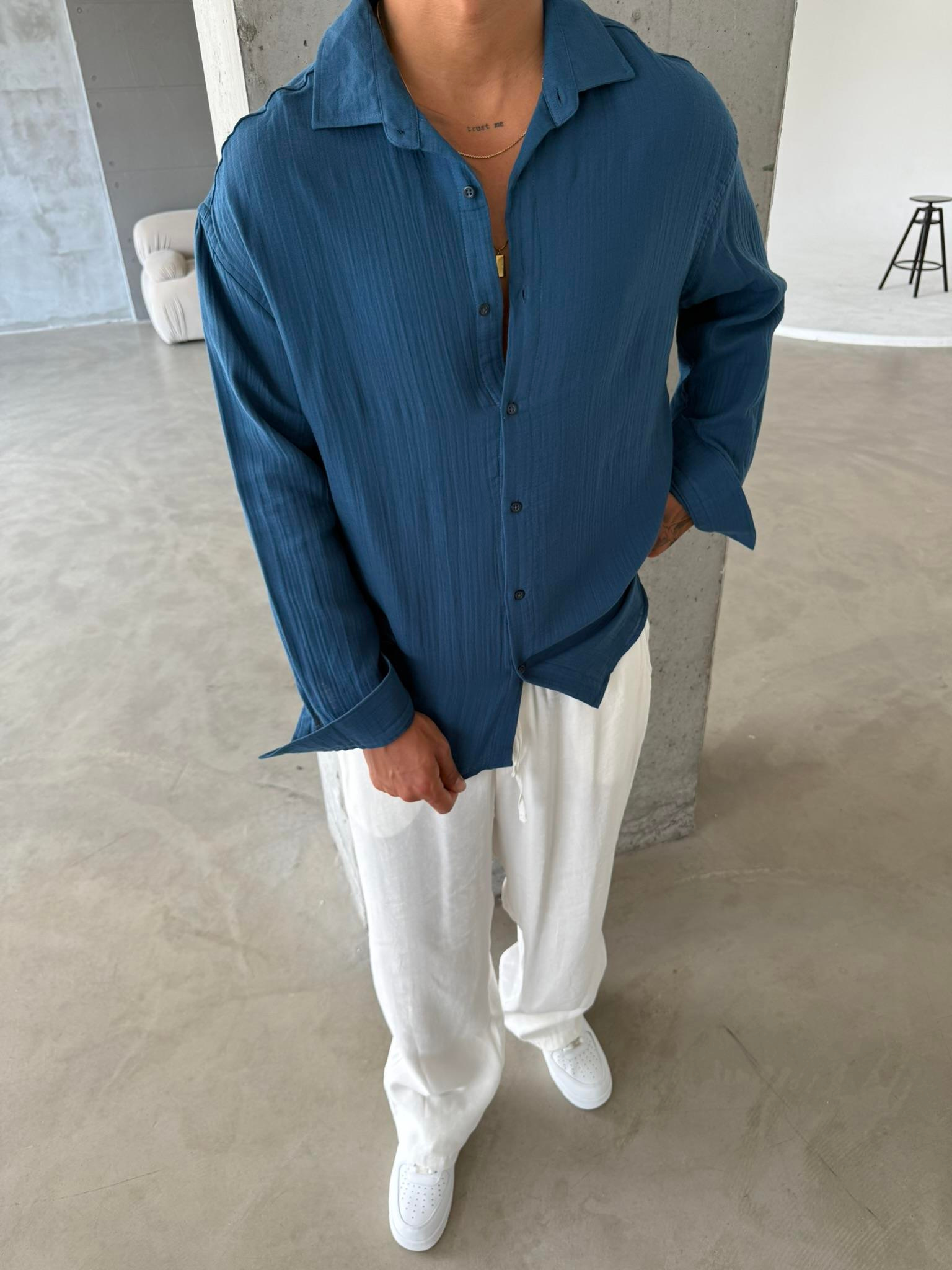 Erkek Oversize Fit Uzun Kollu Müslin Gömlek - Petrol