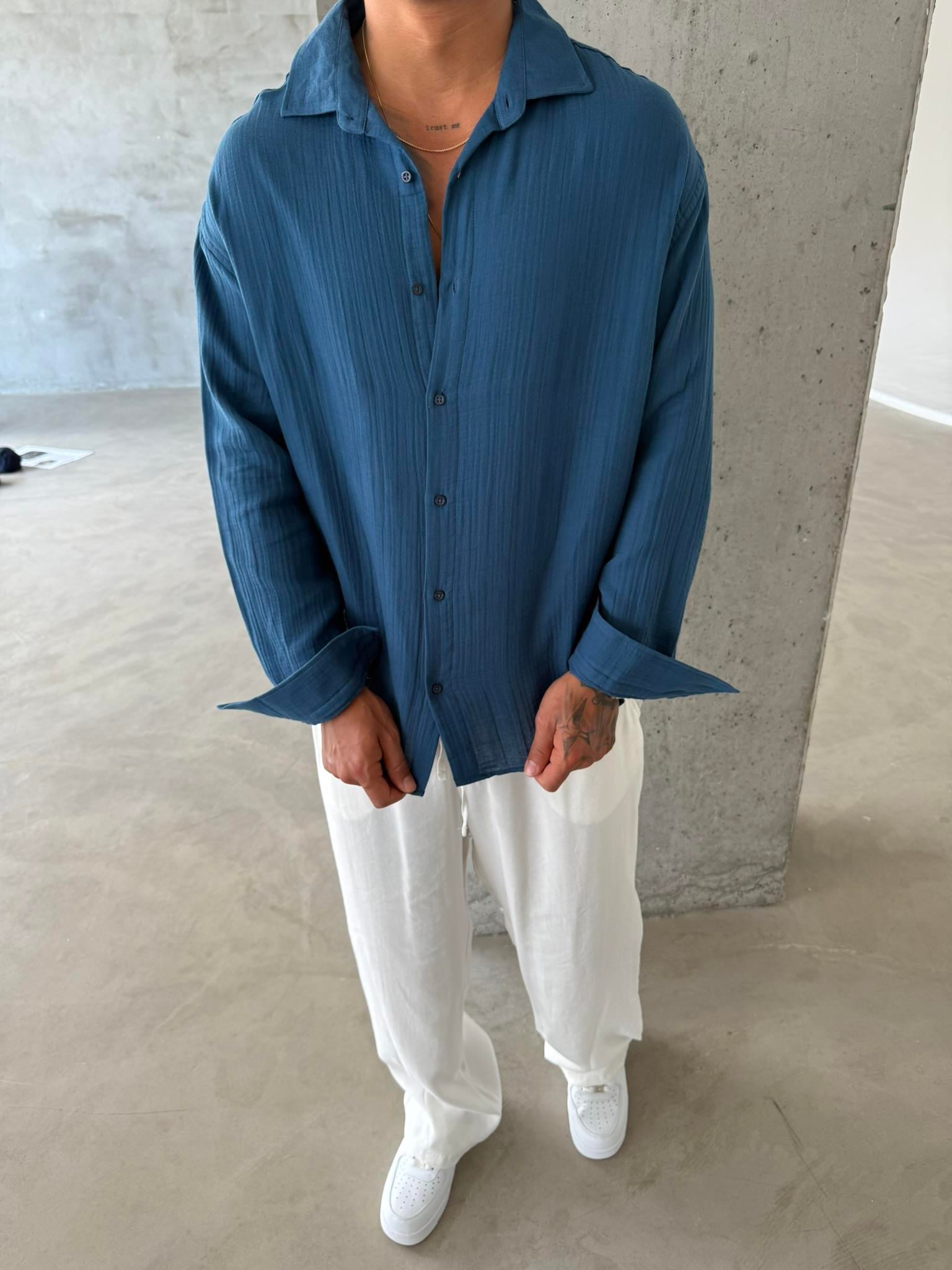 Erkek Oversize Fit Uzun Kollu Müslin Gömlek - Petrol