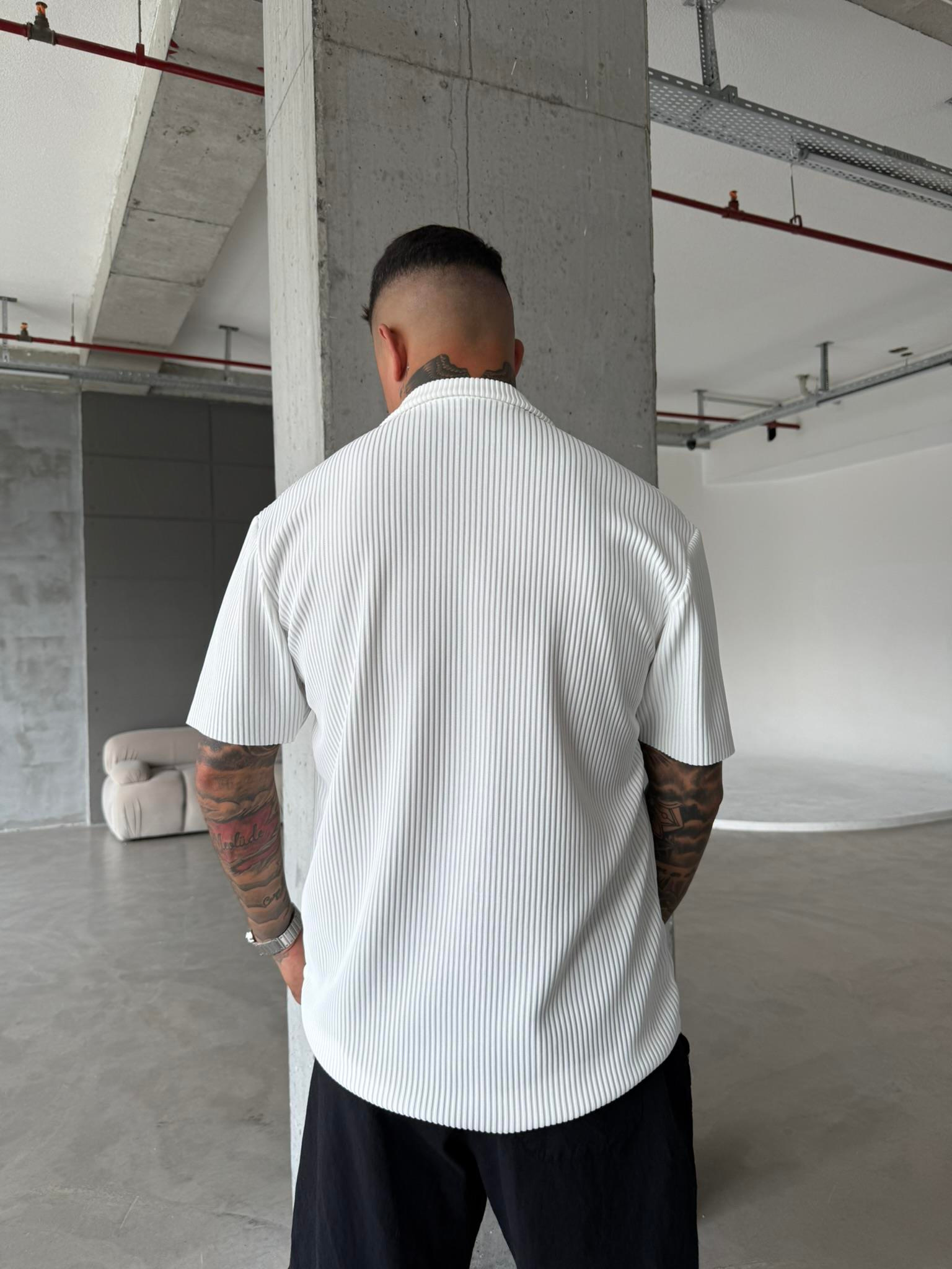 Erkek Oversize Fitilli Apaş Yaka Gömlek - Beyaz