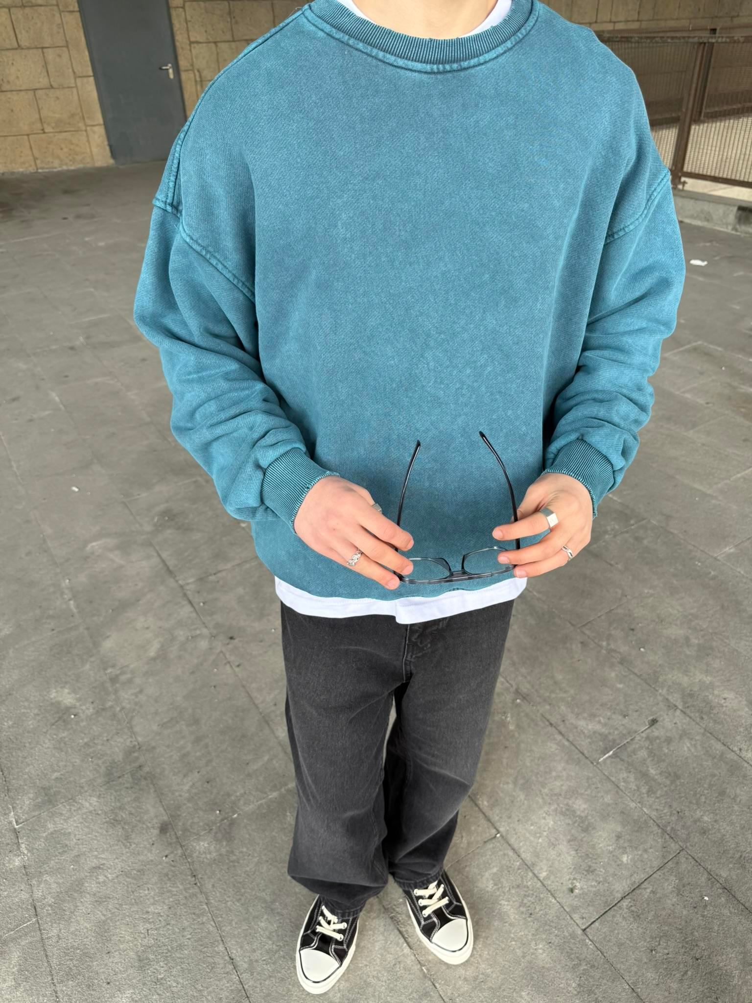 Erkek Oversize Premium Basic Sweatshirt Bebe Mavi