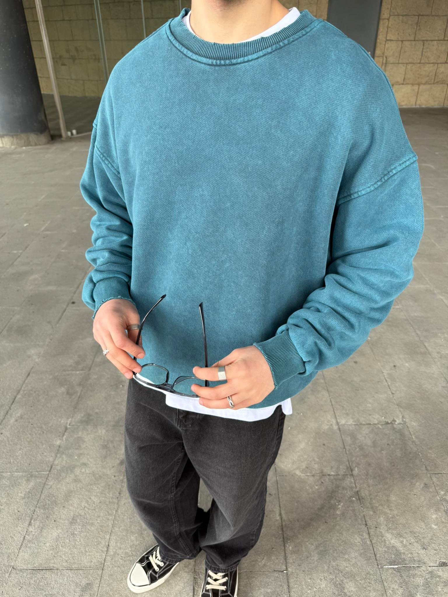 Erkek Oversize Premium Basic Sweatshirt Bebe Mavi