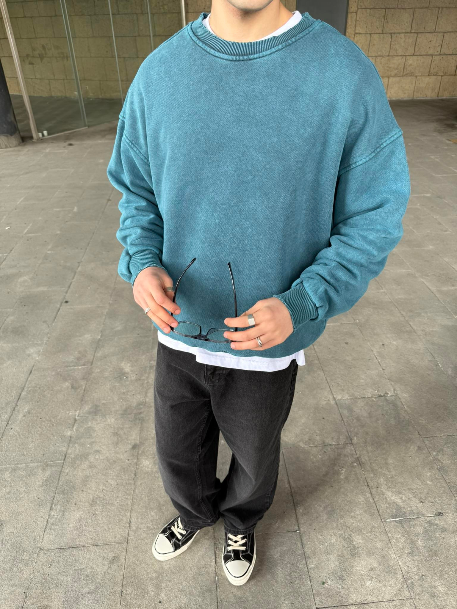 Erkek Oversize Premium Basic Sweatshirt Bebe Mavi