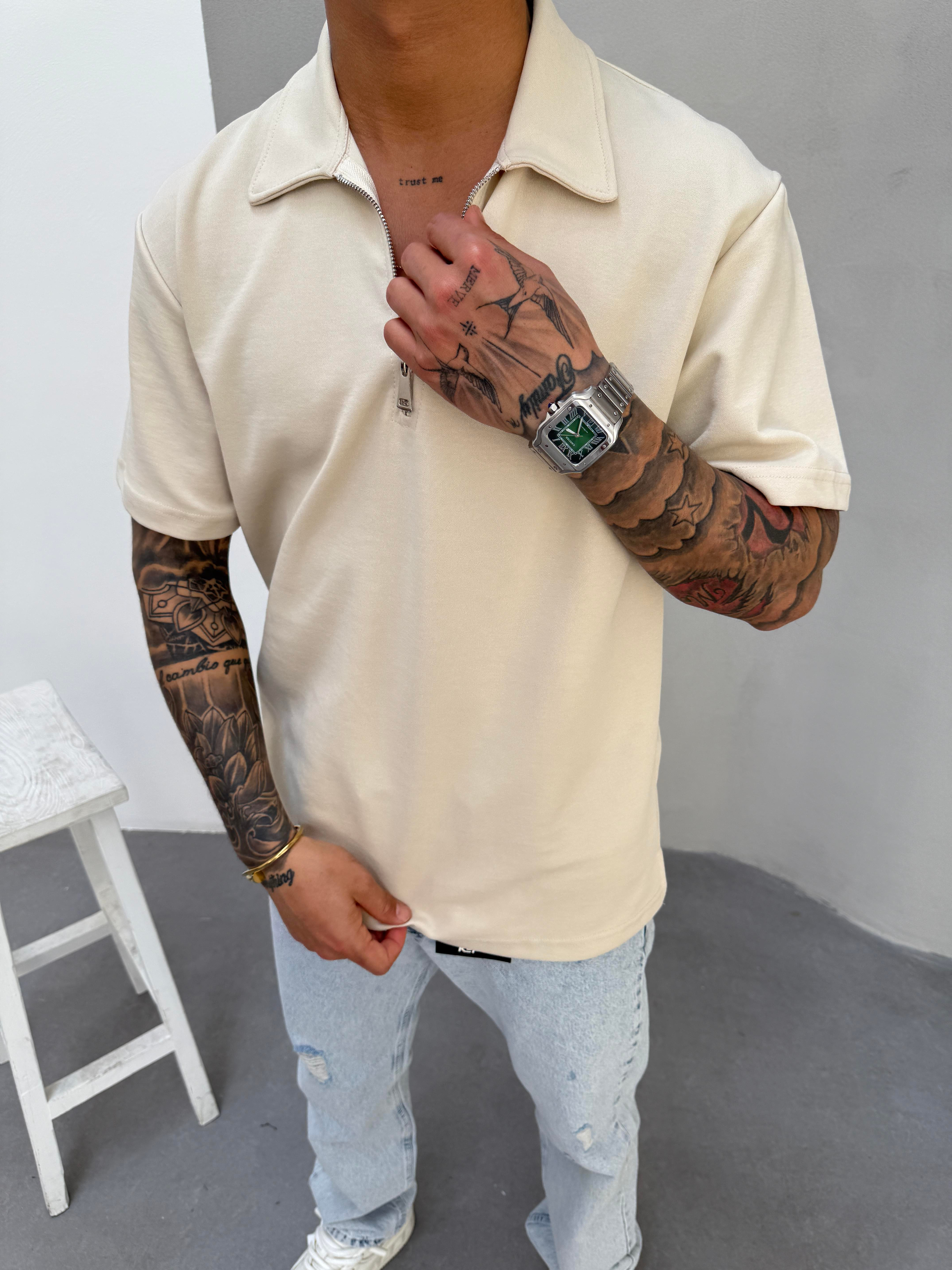 Erkek Polo Yaka Basic Fermuarlı T-Shirt - Bej