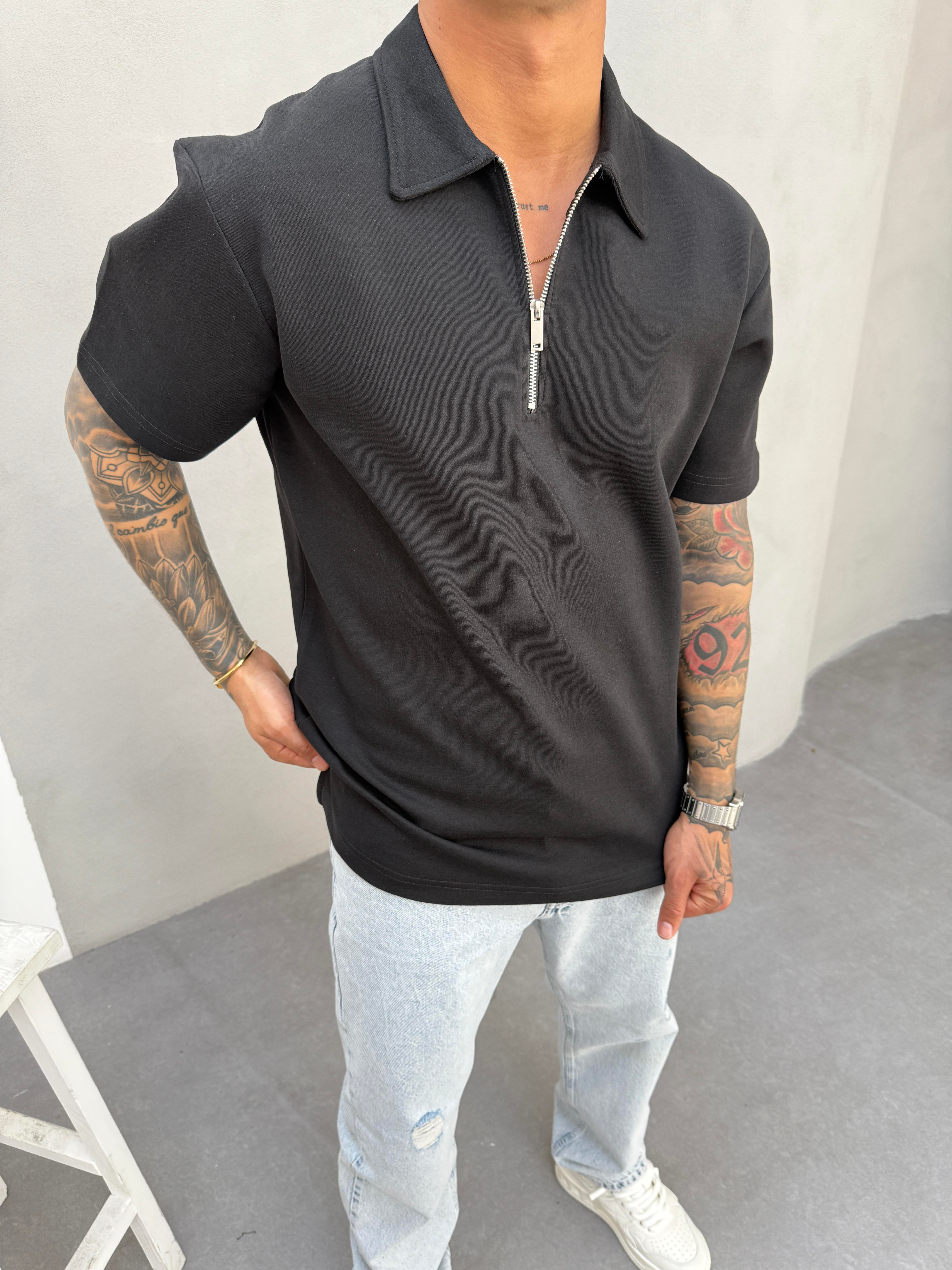 Erkek Polo Yaka Basic Fermuarlı T-Shirt - Siyah