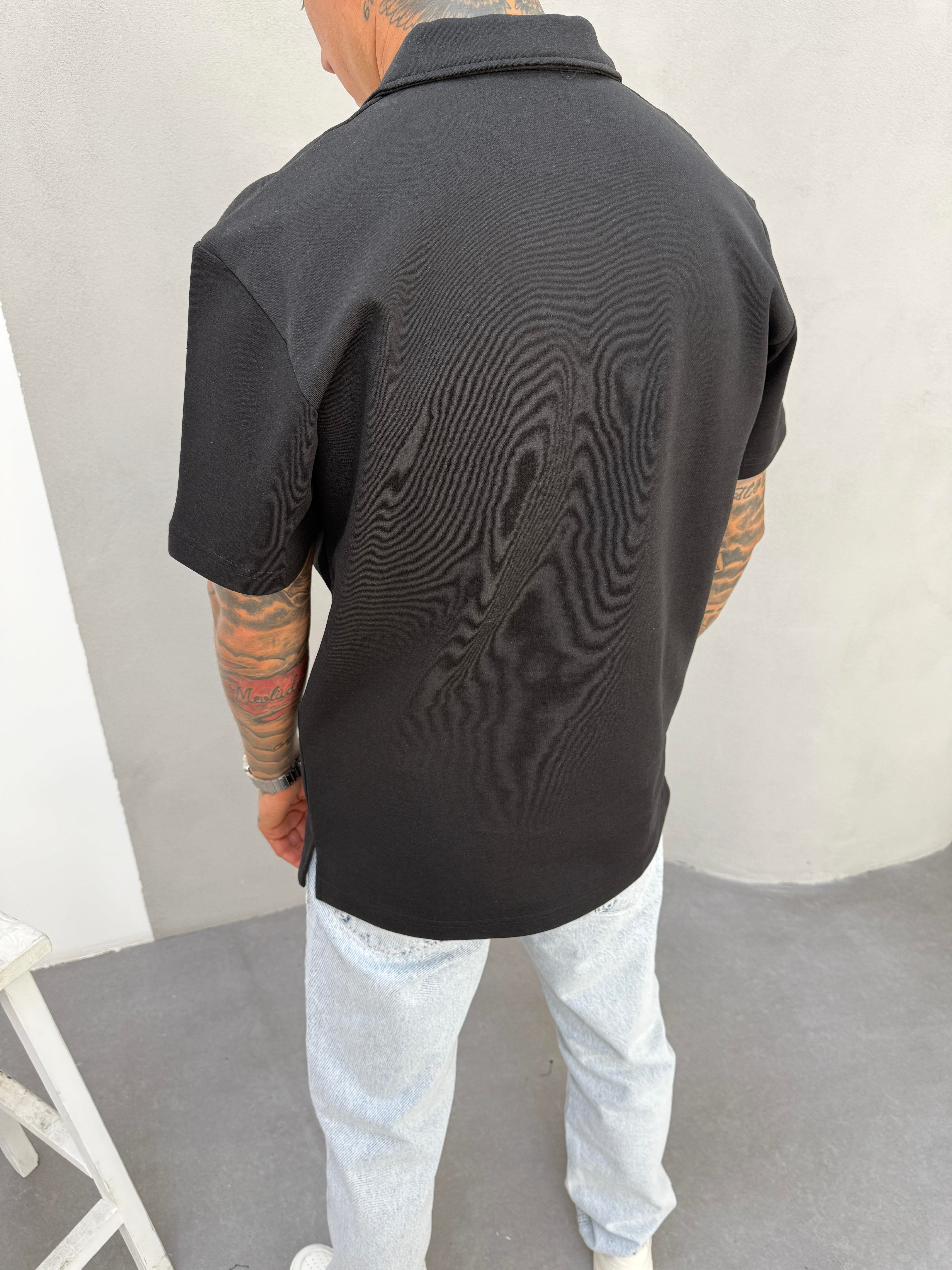 Erkek Polo Yaka Basic Fermuarlı T-Shirt - Siyah