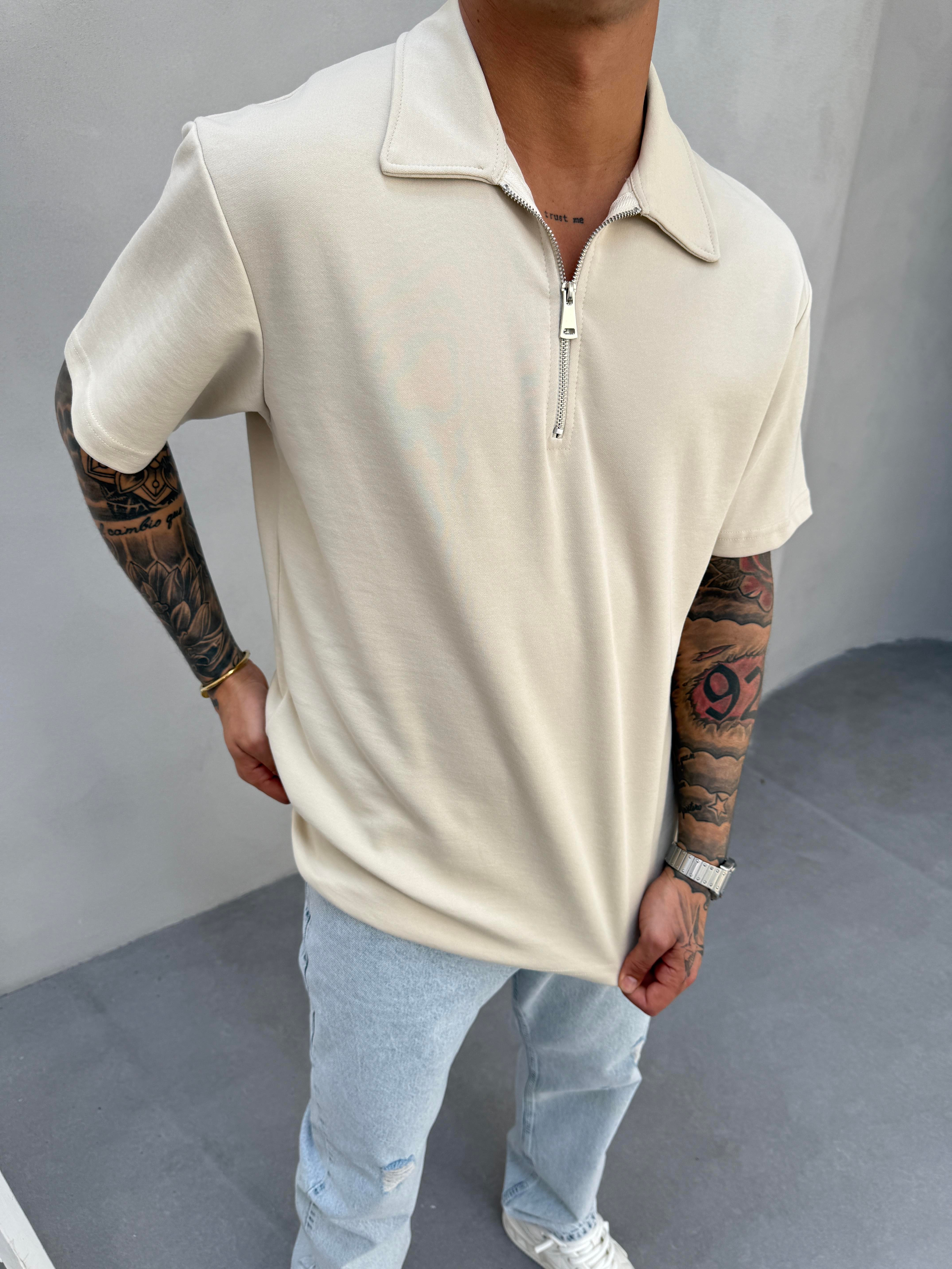 Erkek Polo Yaka Basic Fermuarlı T-Shirt - Bej