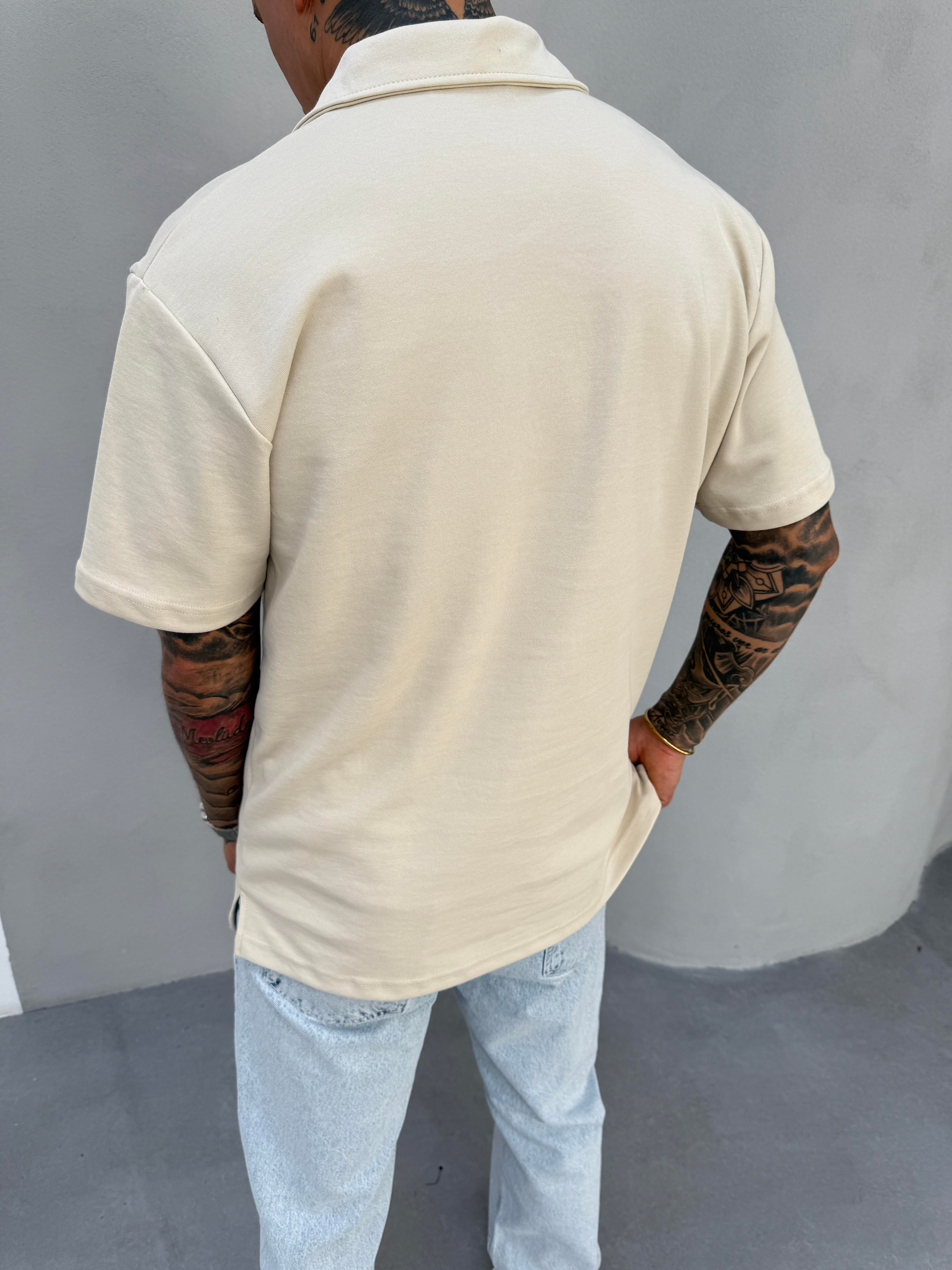 Erkek Polo Yaka Basic Fermuarlı T-Shirt - Bej