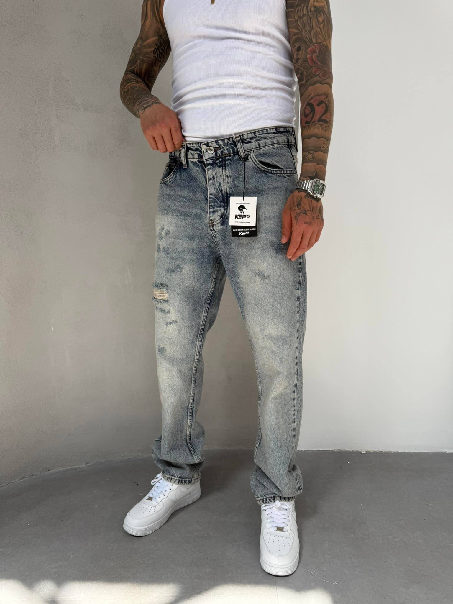 Erkek Yırtık Detaylı Baggy Pantolon - Mavi