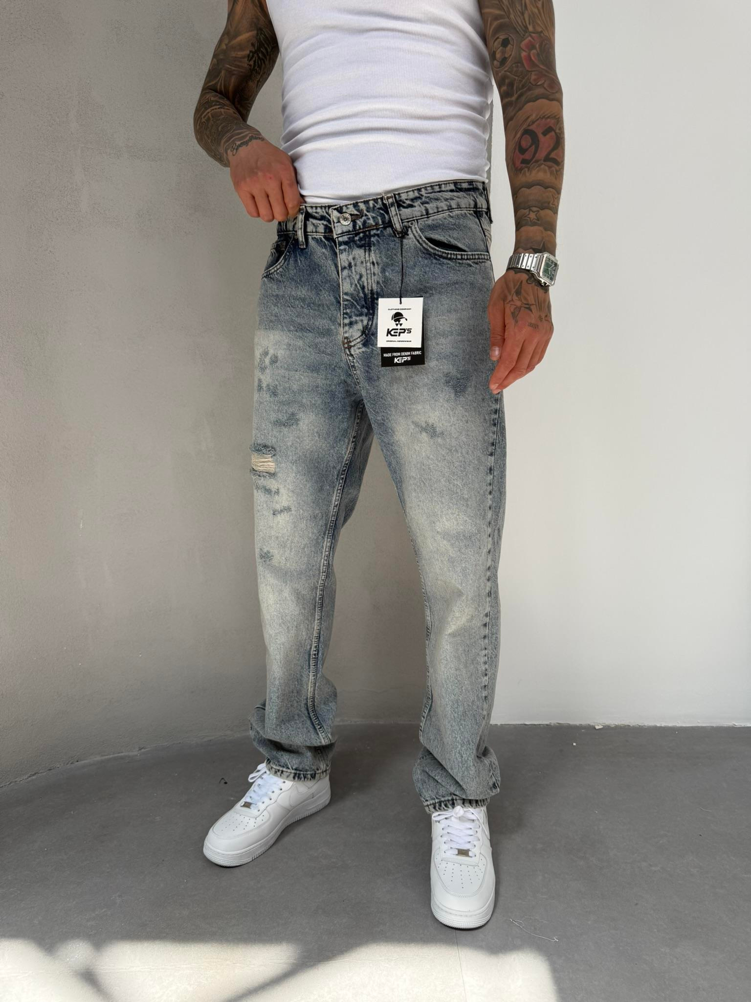 Erkek Yırtık Detaylı Baggy Pantolon - Mavi