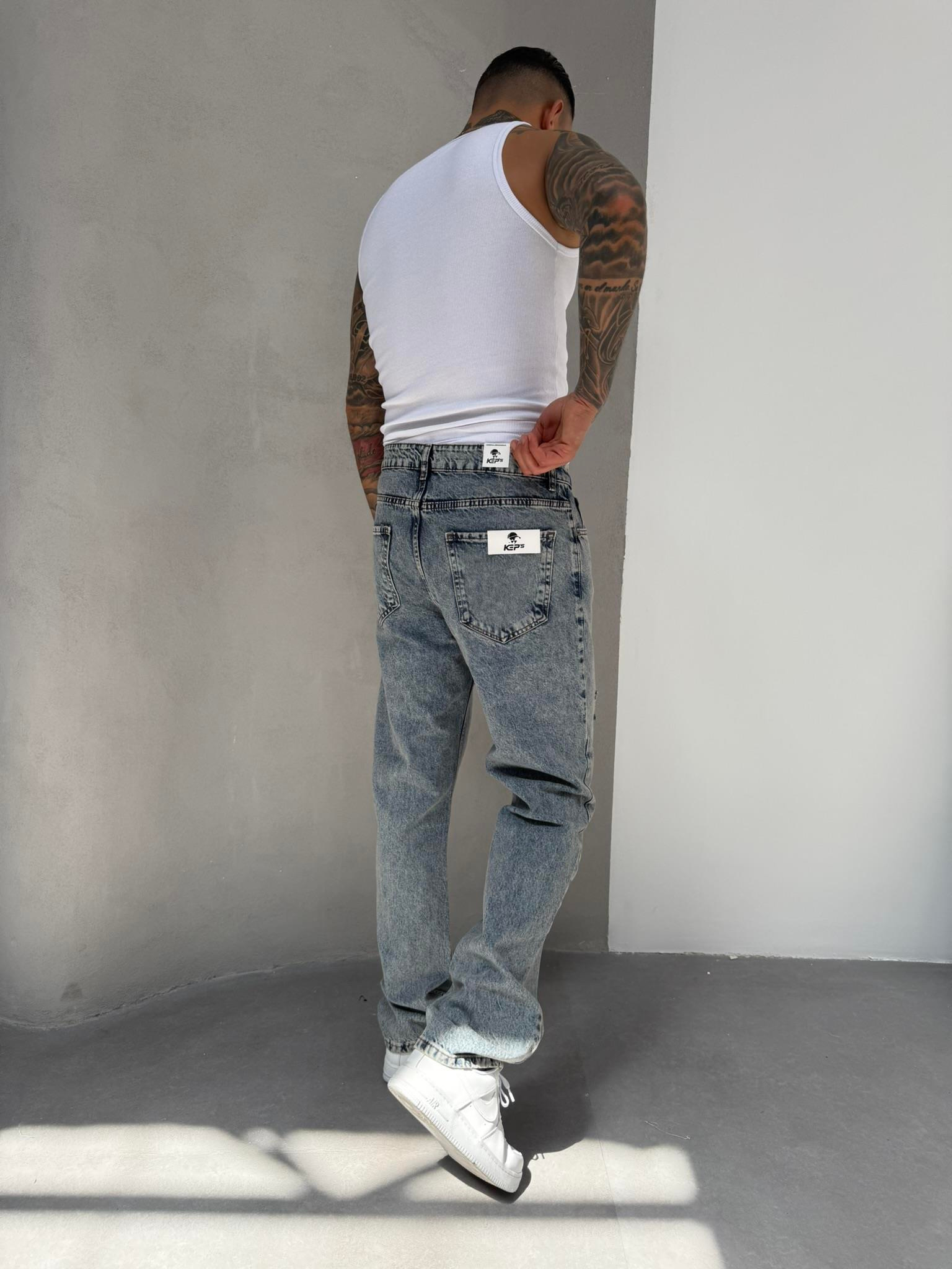 Erkek Yırtık Detaylı Baggy Pantolon - Mavi