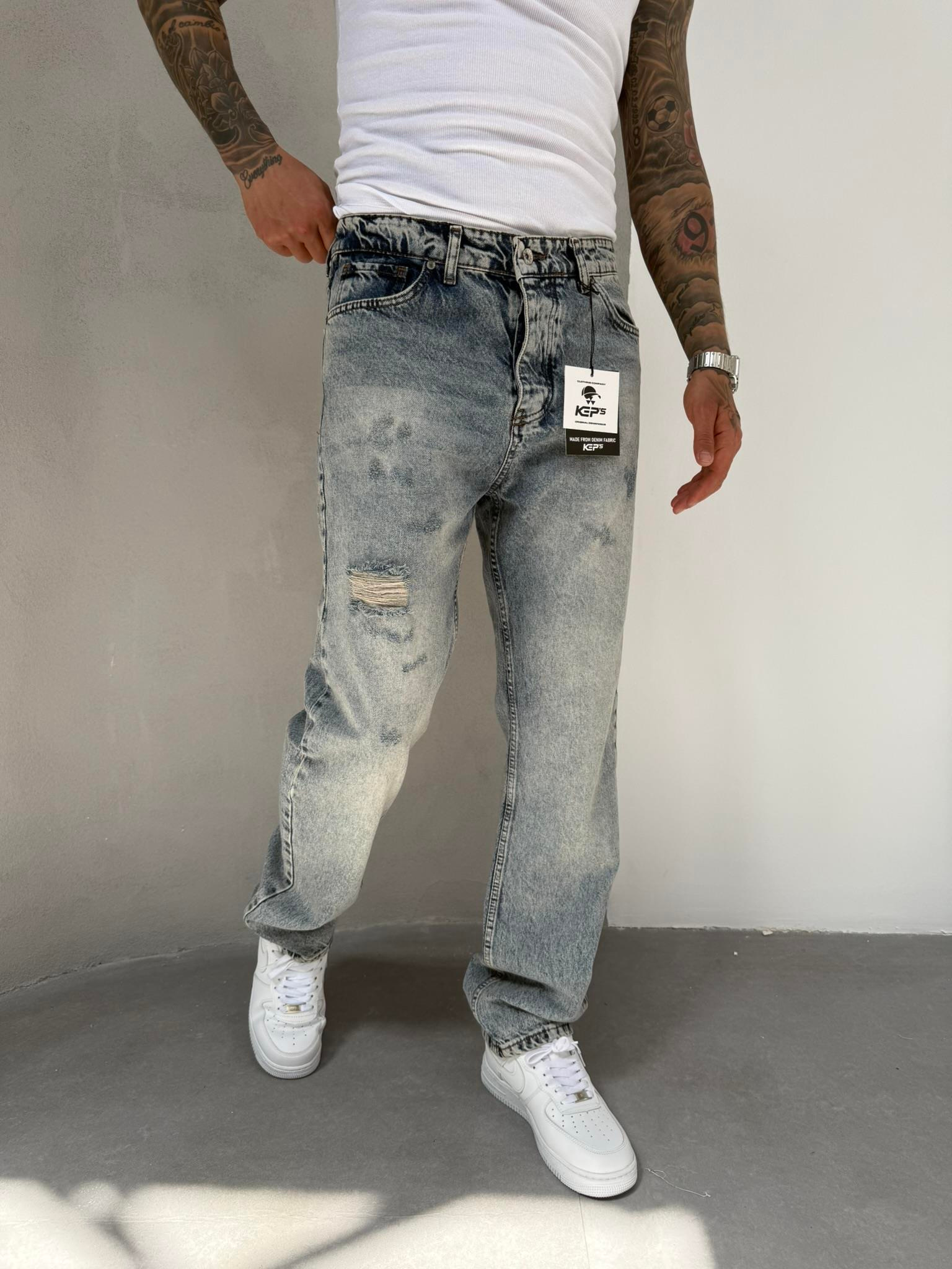 Erkek Yırtık Detaylı Baggy Pantolon - Mavi