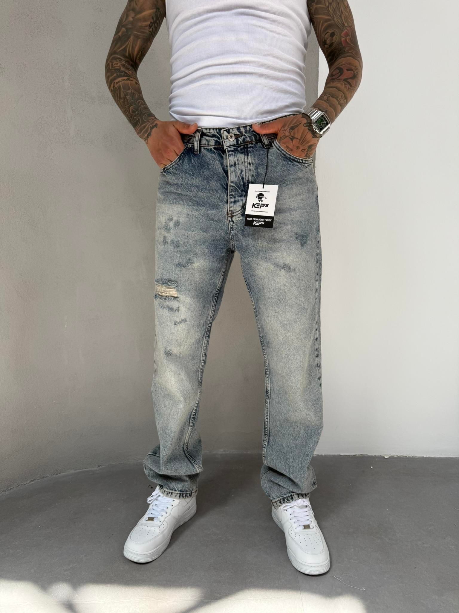 Erkek Yırtık Detaylı Baggy Pantolon - Mavi