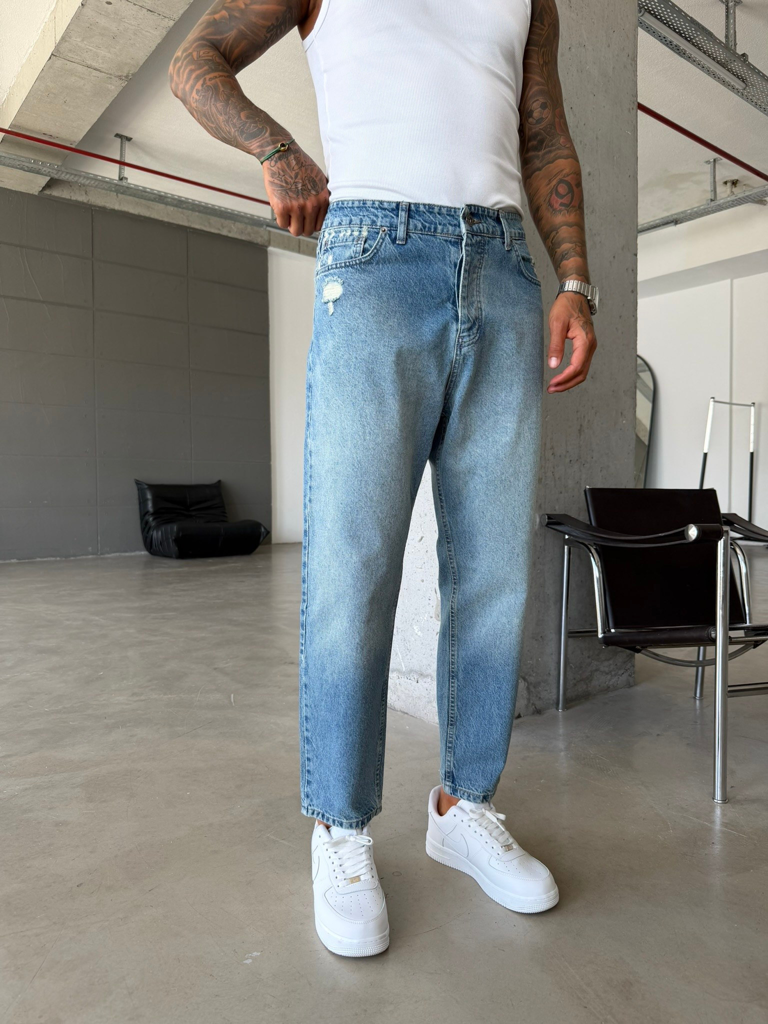 Erkek Yırtık Detaylı Boyfriend Pantolon - Mavi