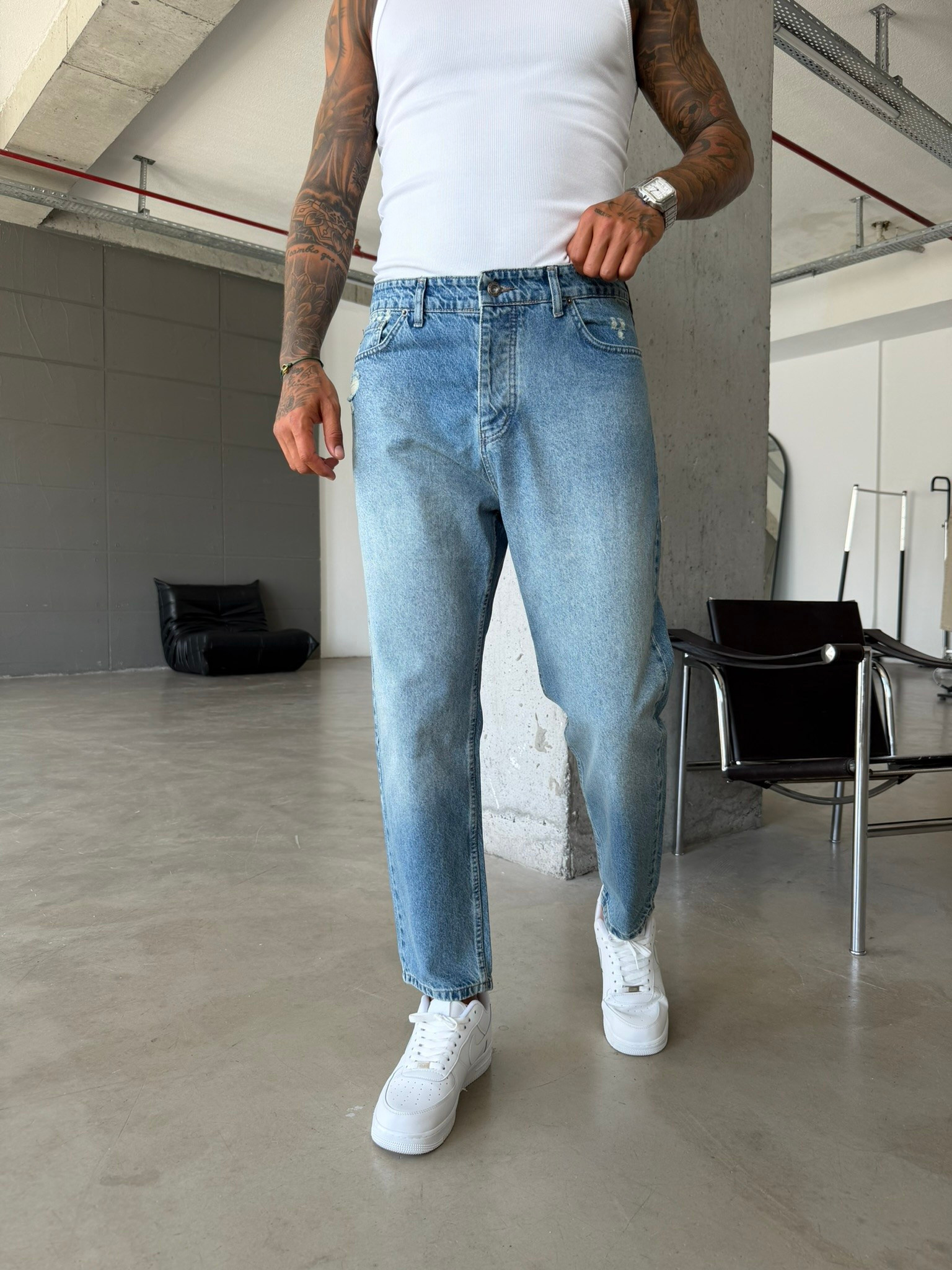 Erkek Yırtık Detaylı Boyfriend Pantolon - Mavi