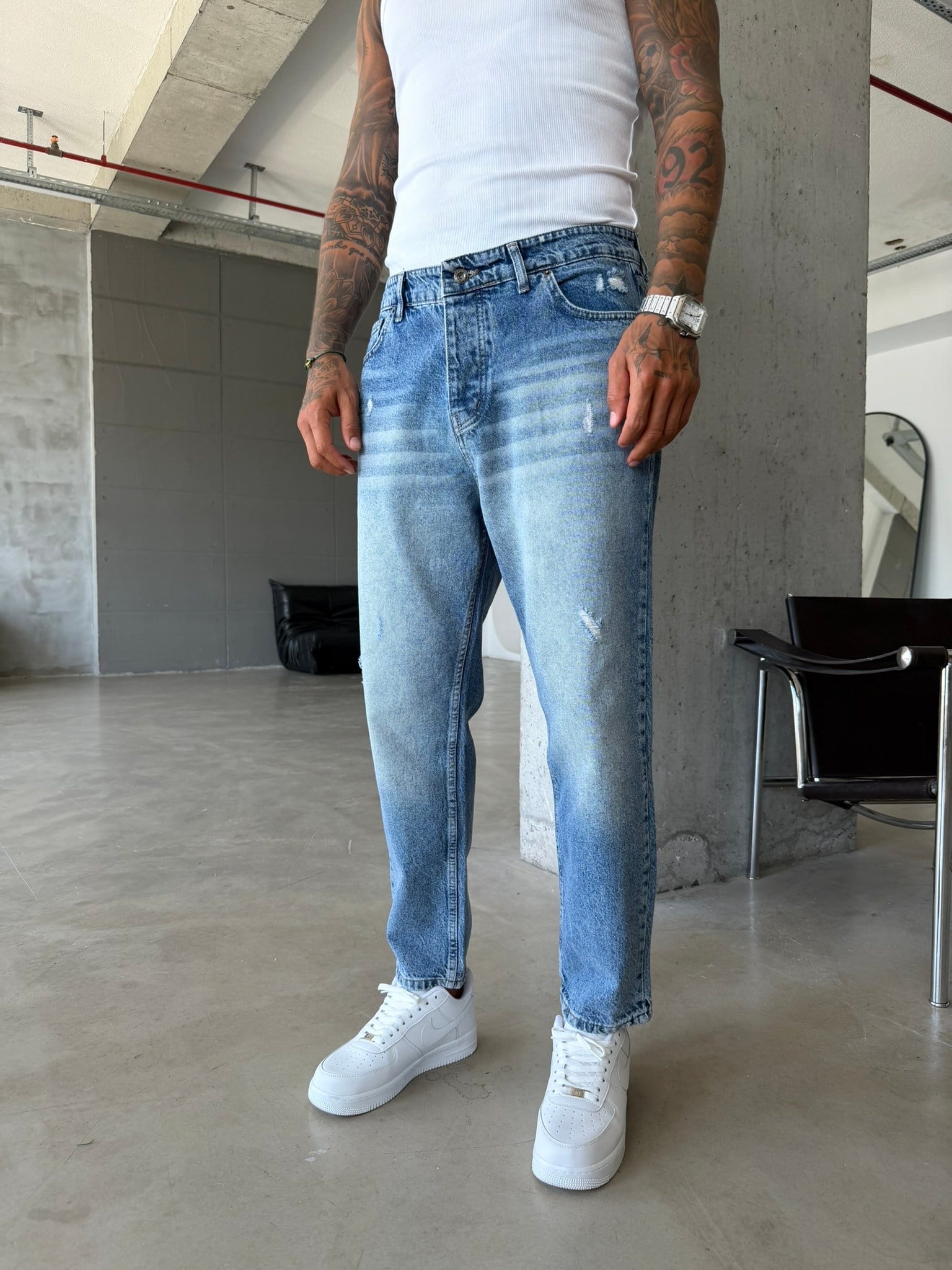 Erkek Yırtık Detaylı Boyfriend Pantolon - İndigo
