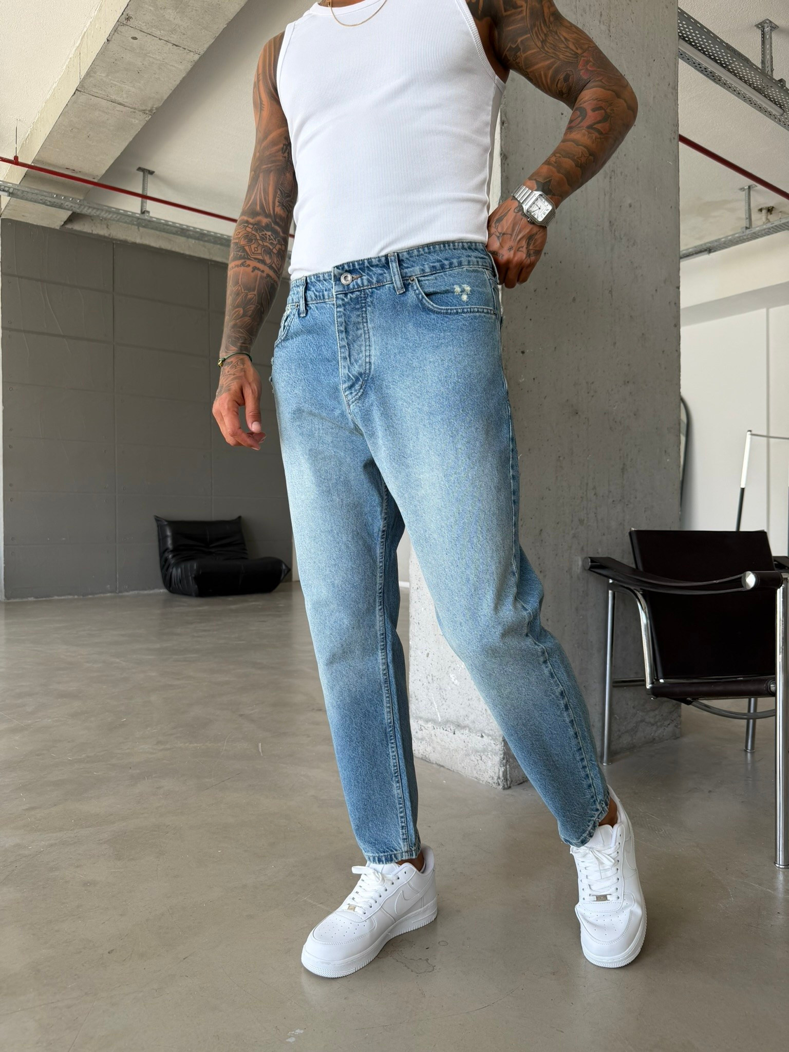 Erkek Yırtık Detaylı Boyfriend Pantolon - Mavi