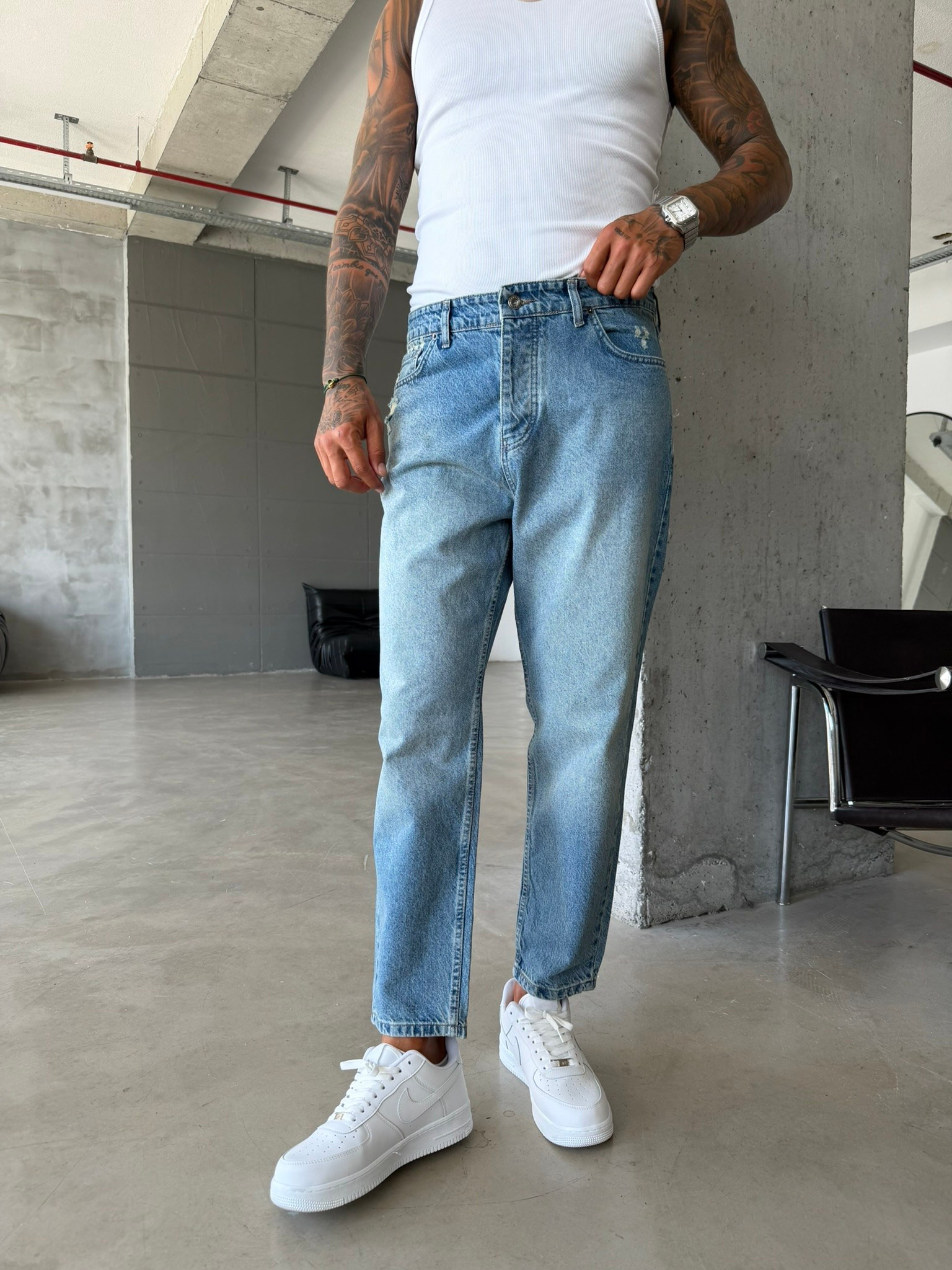 Erkek Yırtık Detaylı Boyfriend Pantolon - Mavi