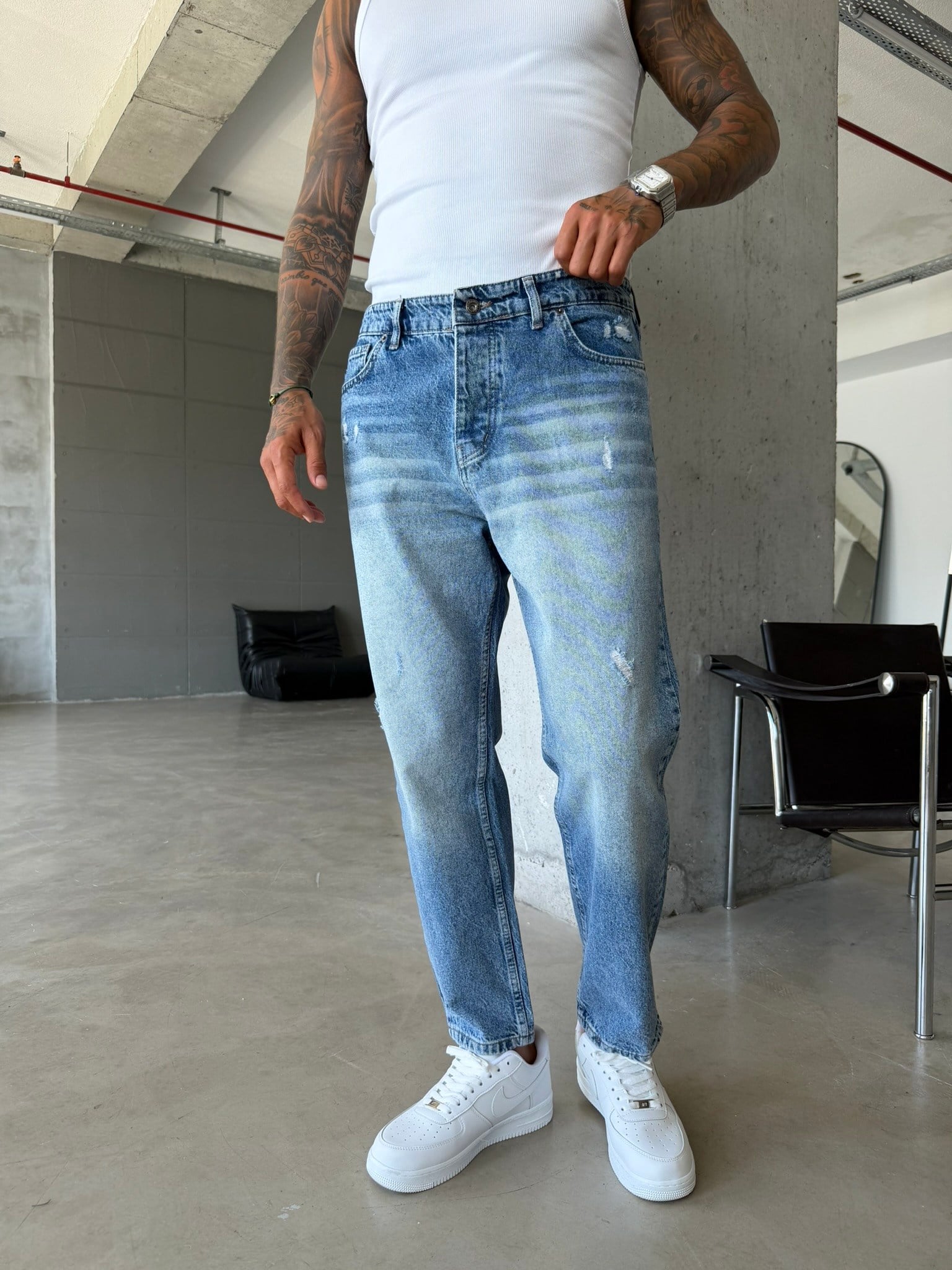Erkek Yırtık Detaylı Boyfriend Pantolon - İndigo