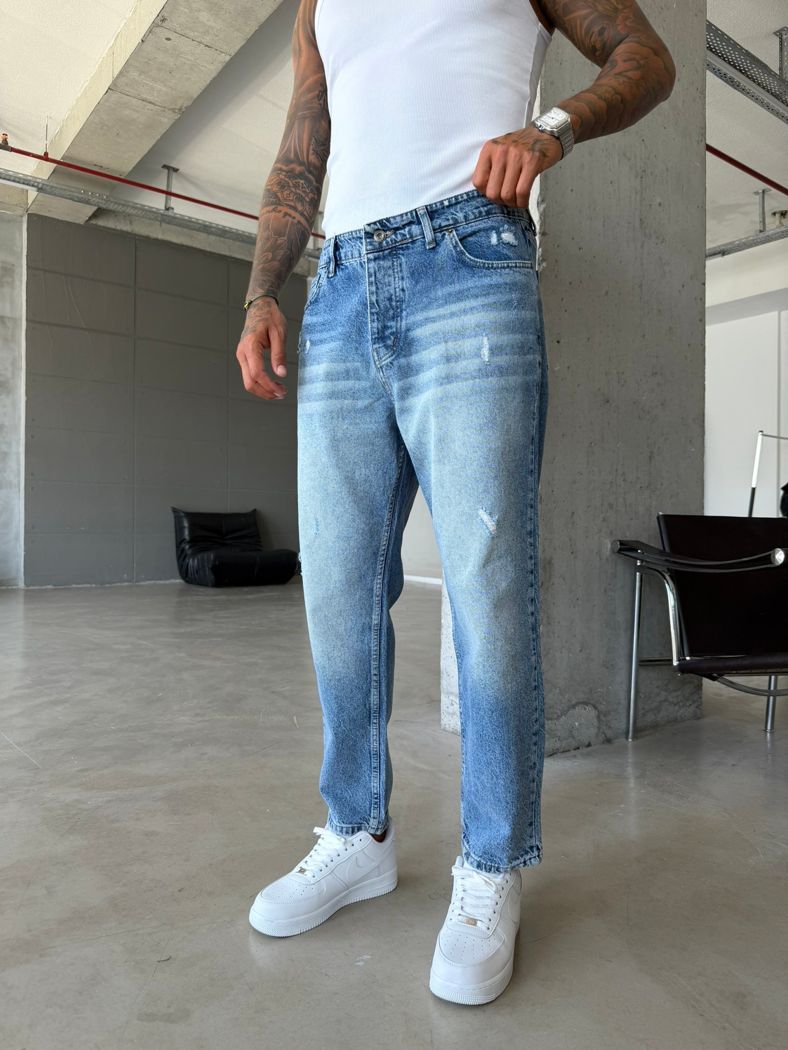 Erkek Yırtık Detaylı Boyfriend Pantolon - İndigo