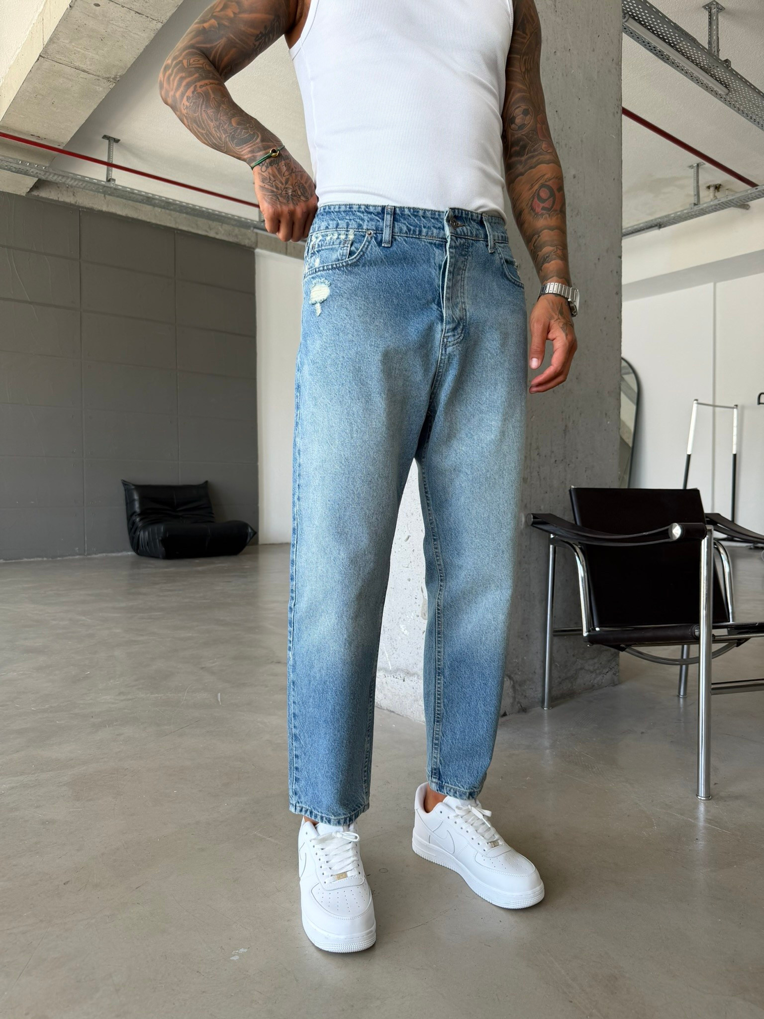 Erkek Yırtık Detaylı Boyfriend Pantolon - Mavi
