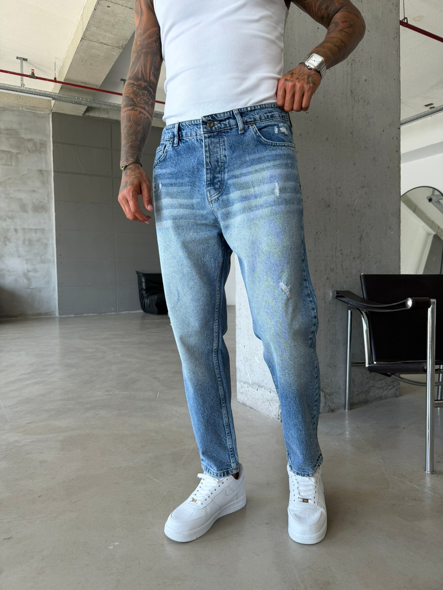 Erkek Yırtık Detaylı Boyfriend Pantolon - İndigo