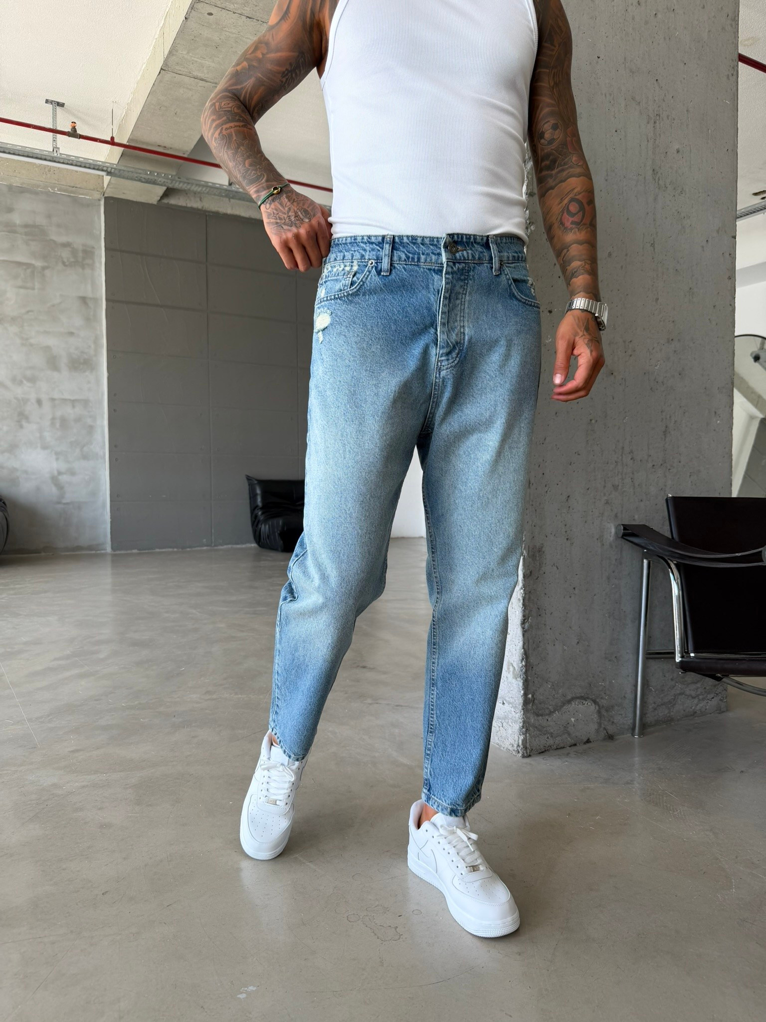 Erkek Yırtık Detaylı Boyfriend Pantolon - Mavi
