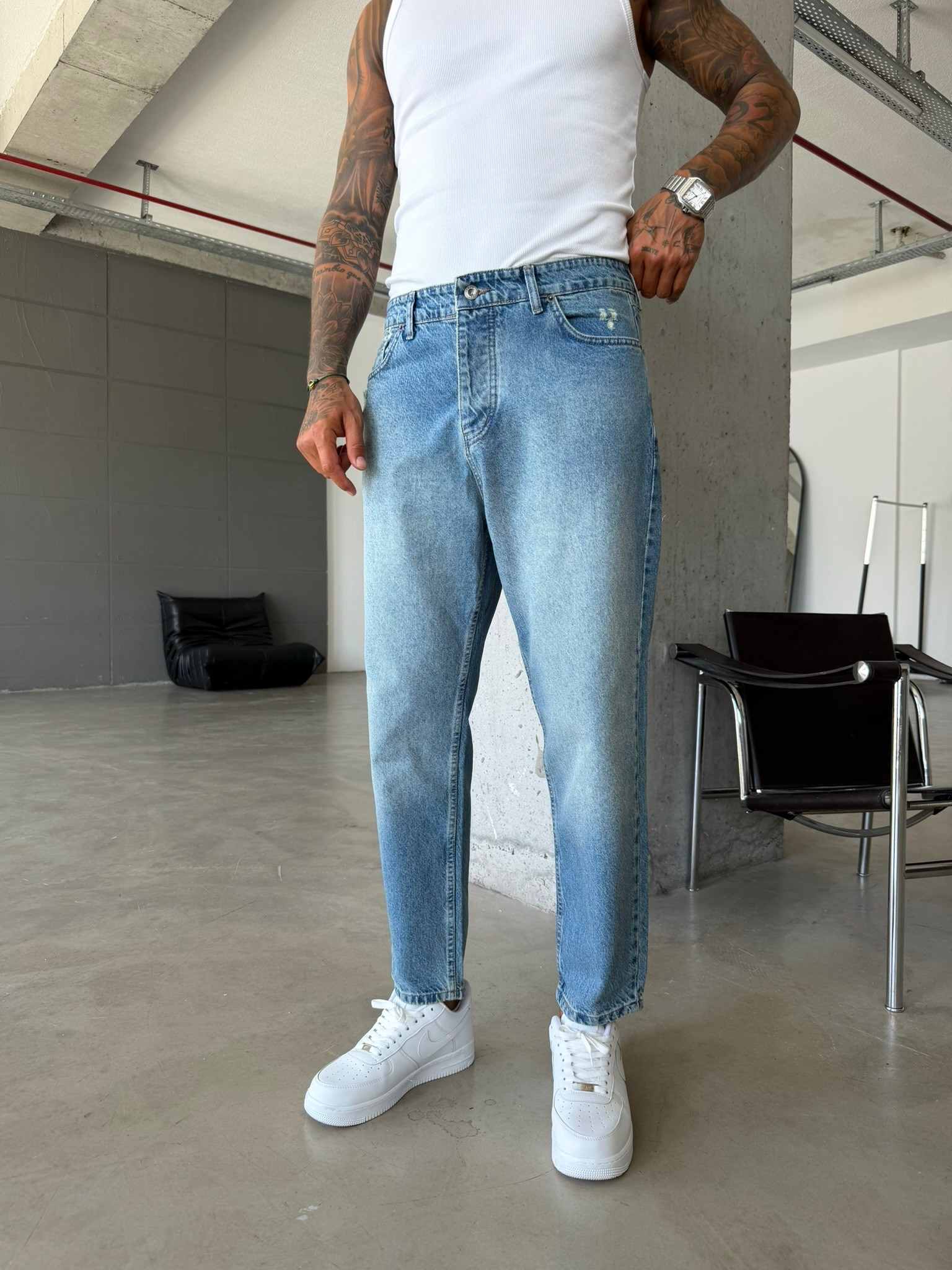 Erkek Yırtık Detaylı Boyfriend Pantolon - Mavi